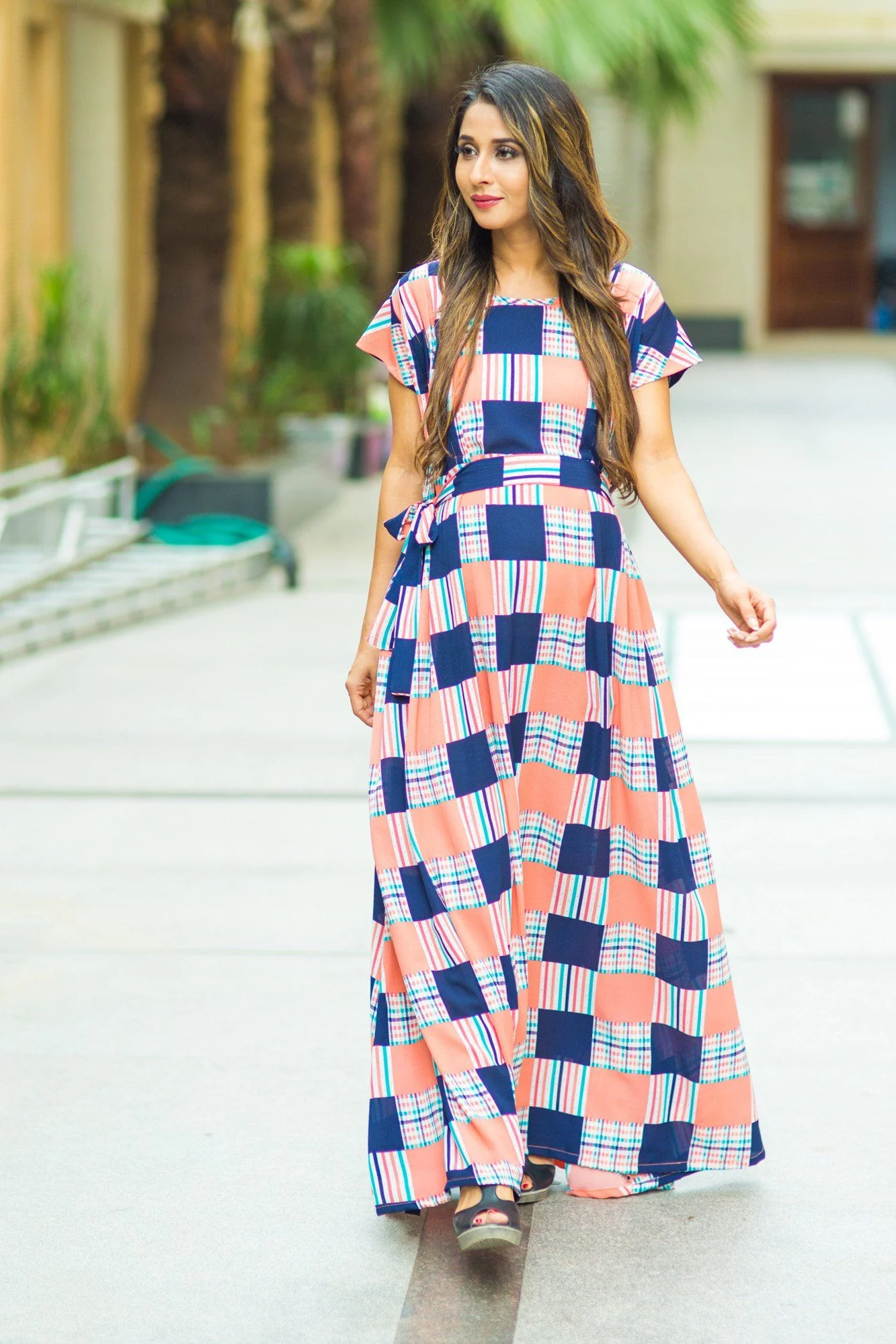 Orange Check Bubble Georgette Concealed Zips Dress - Chenance