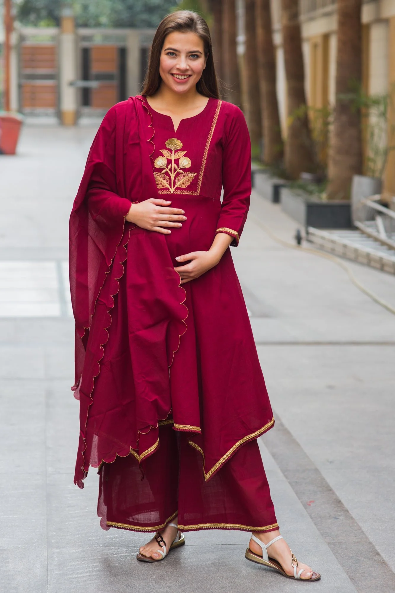 Premium Maroon Assym Gold Zari Maternity & Nursing Suit Set (3 pc) - Chenance