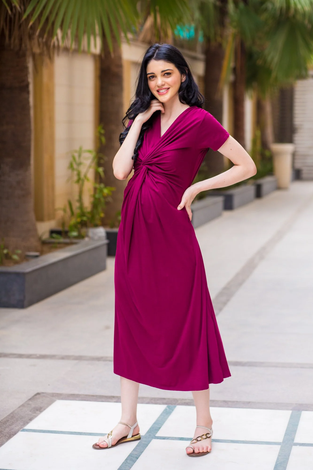 Maroon Berry Front Knot Lycra Maternity Dress - Chenance