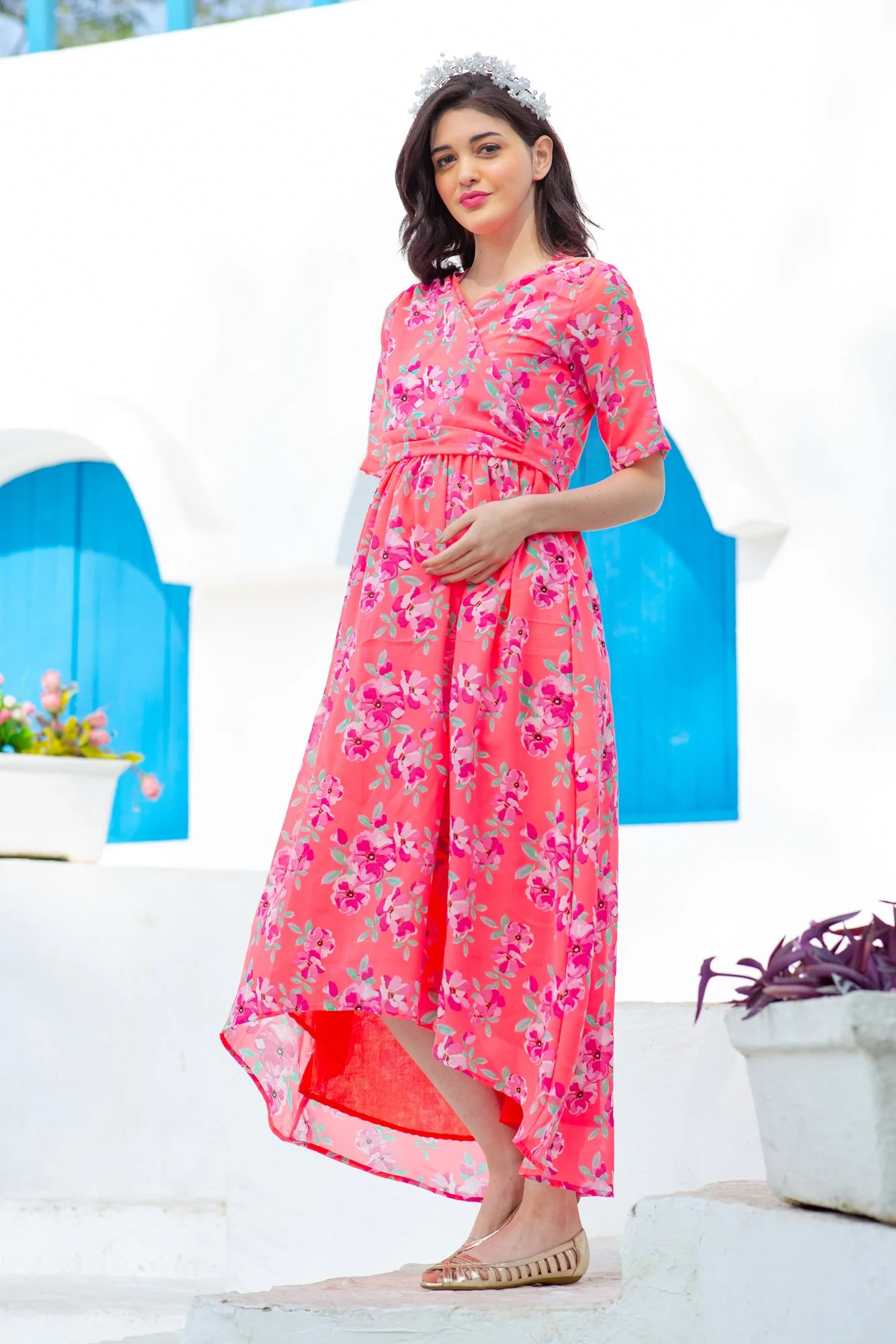 Neon Pink  Paradise Maternity & Nursing Hi-Low Wrap Dress - Chenance