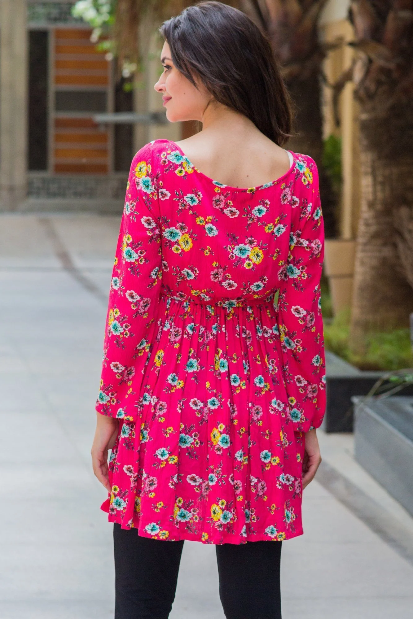 Peony Pink Floral Gathered Bell Sleeves Nursing Top - Chenance
