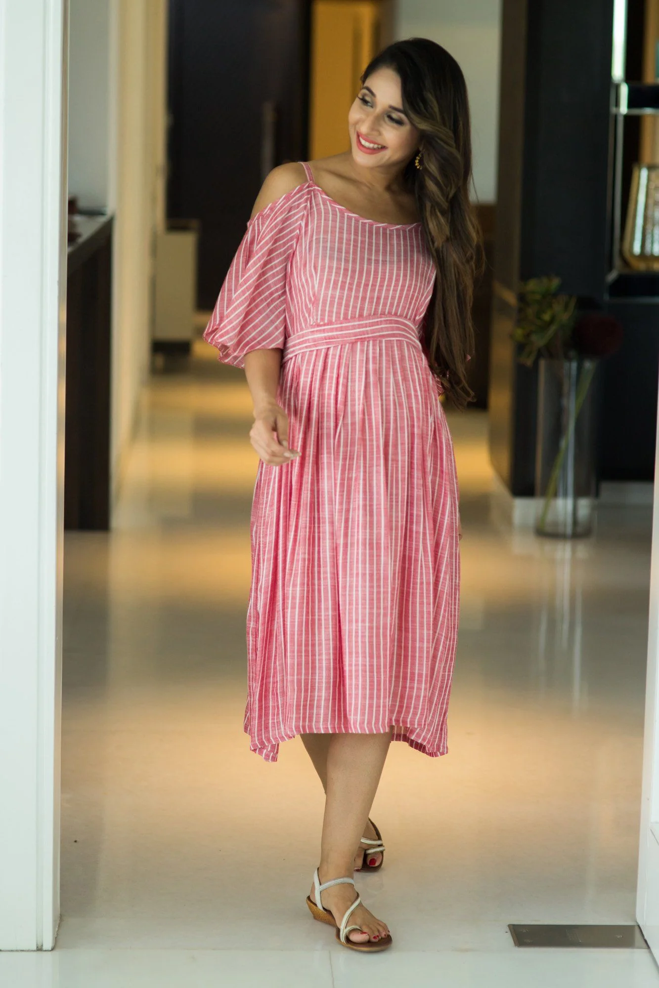 Free Spirited Red Stripe Cold Shoulder Maternity Dress - Chenance