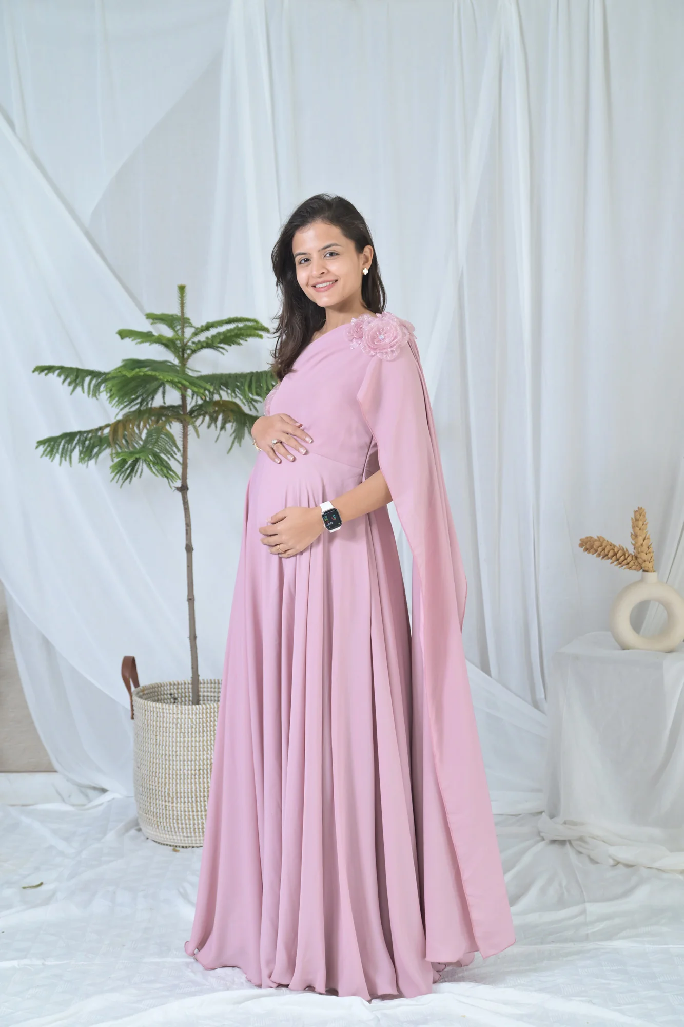 Luxe Rosewood Pink Maternity Satin Gown - Chenance