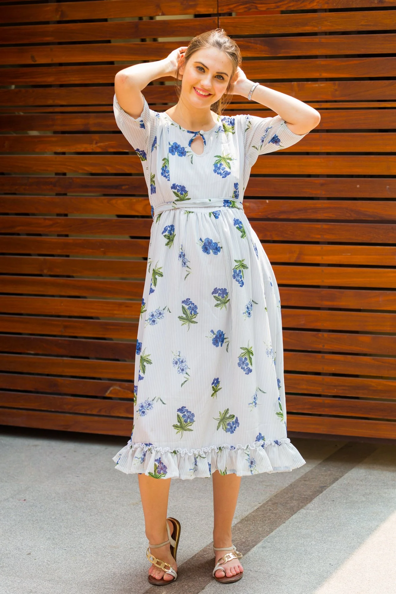 Rose Striped Concealed Zips Nursing Dress - Chenance