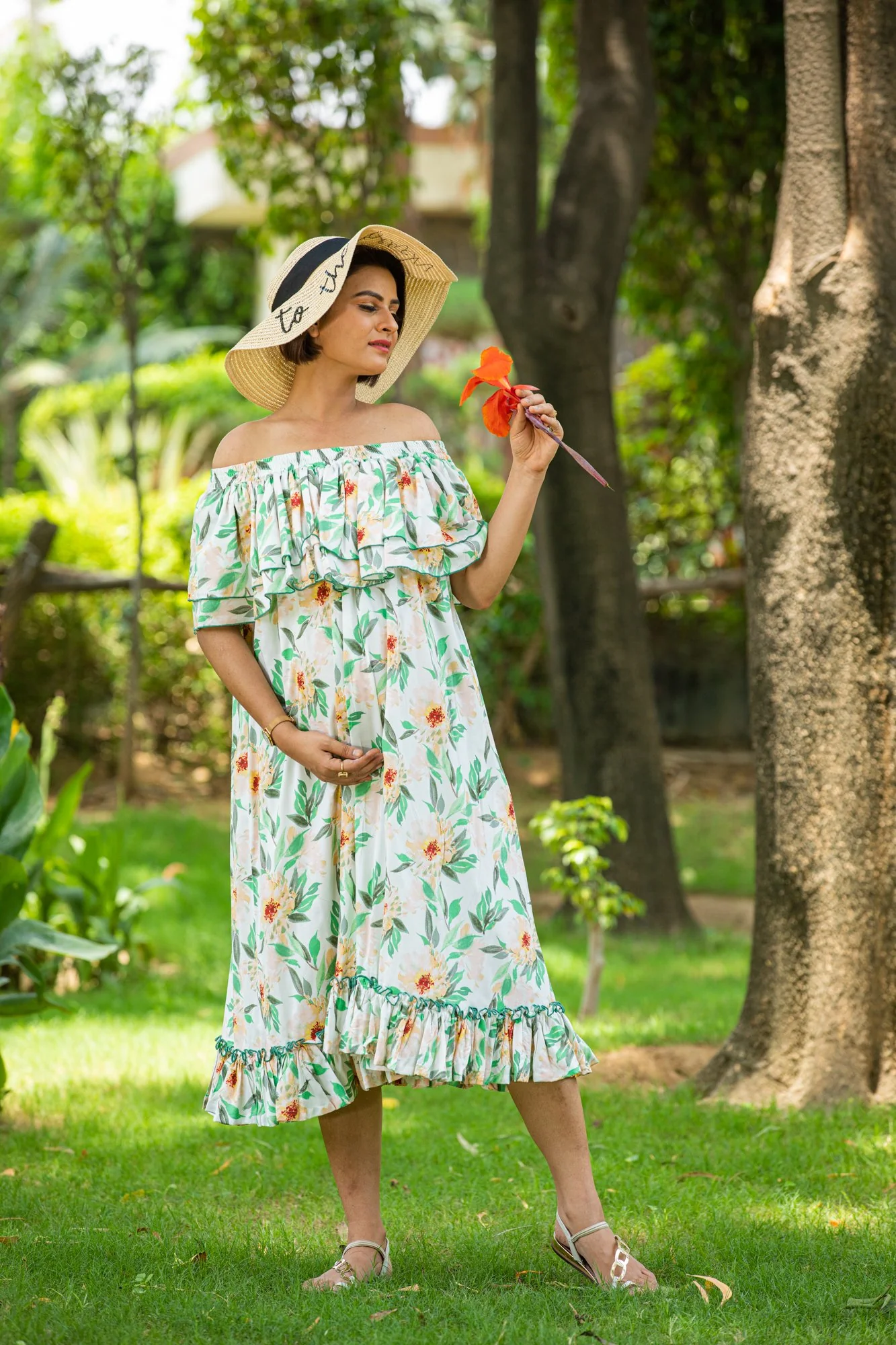 Olive Green Off-Shoulder Maternity Maxi - Chenance