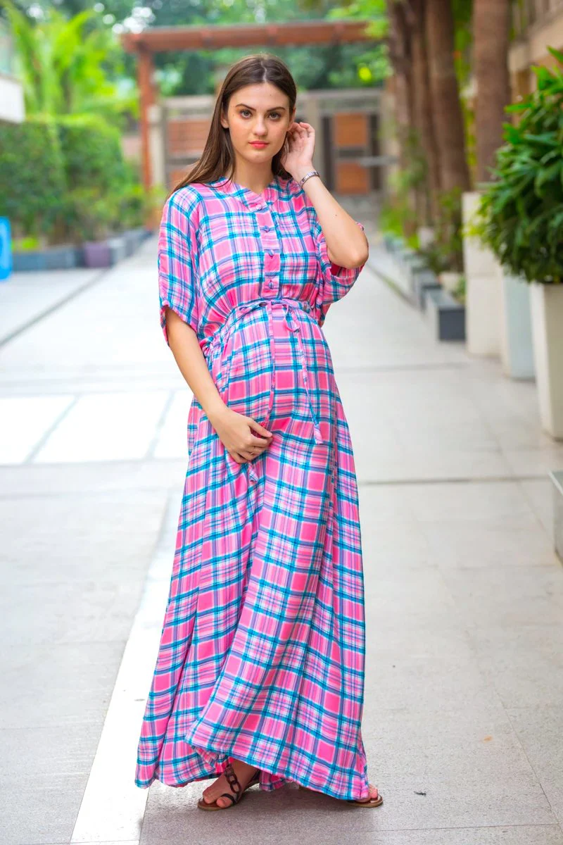 Kimono Pastel Plaid Maternity & Nursing Dress / Delivery Gown/ Night Dress - Chenance