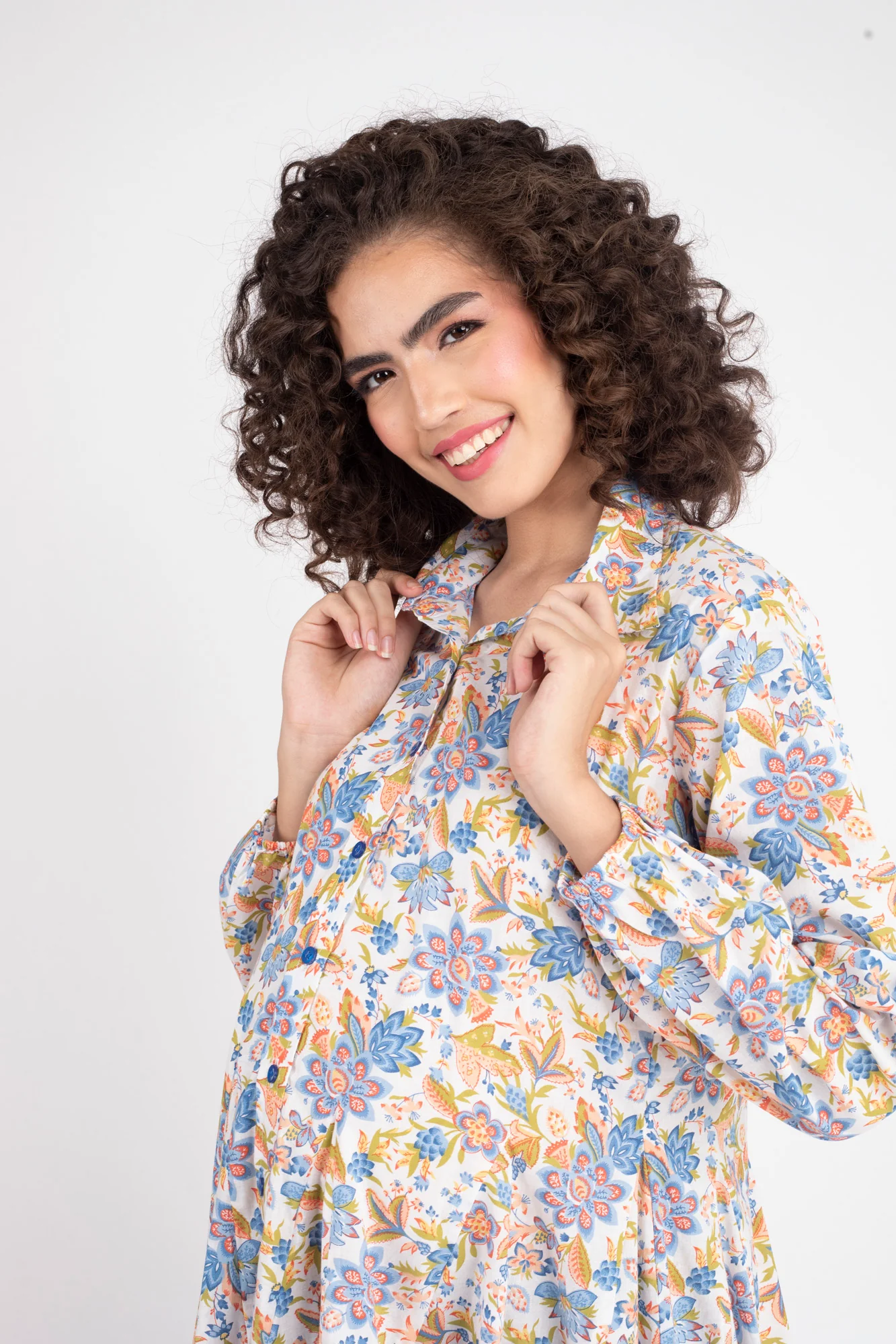 Blue Blossom Maternity & Nursing Frill Shirt Dress (100% Cotton) - Chenance