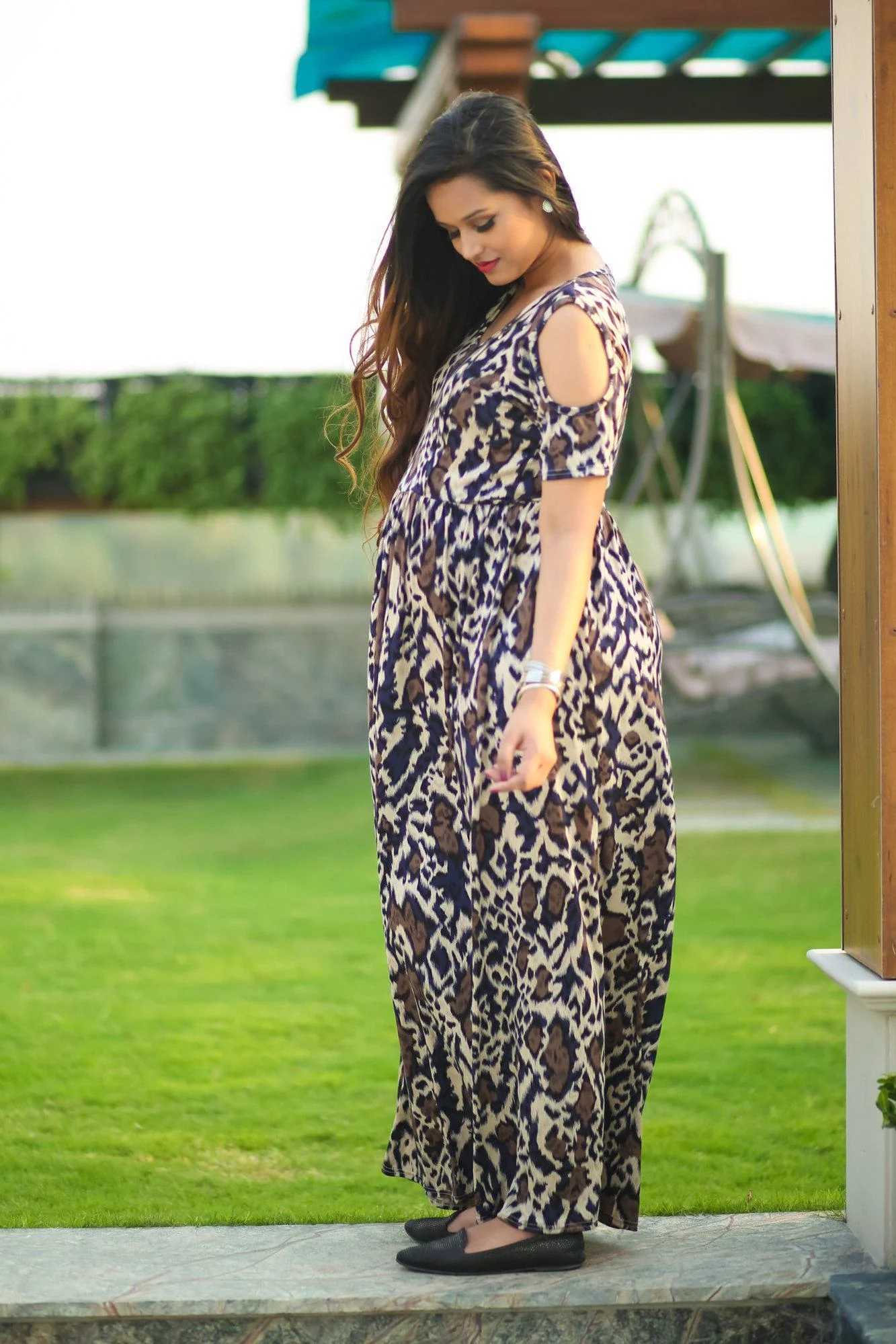 Printed Lycra Concealed Zip Cold Shoulder Nursing Dress - Chenance