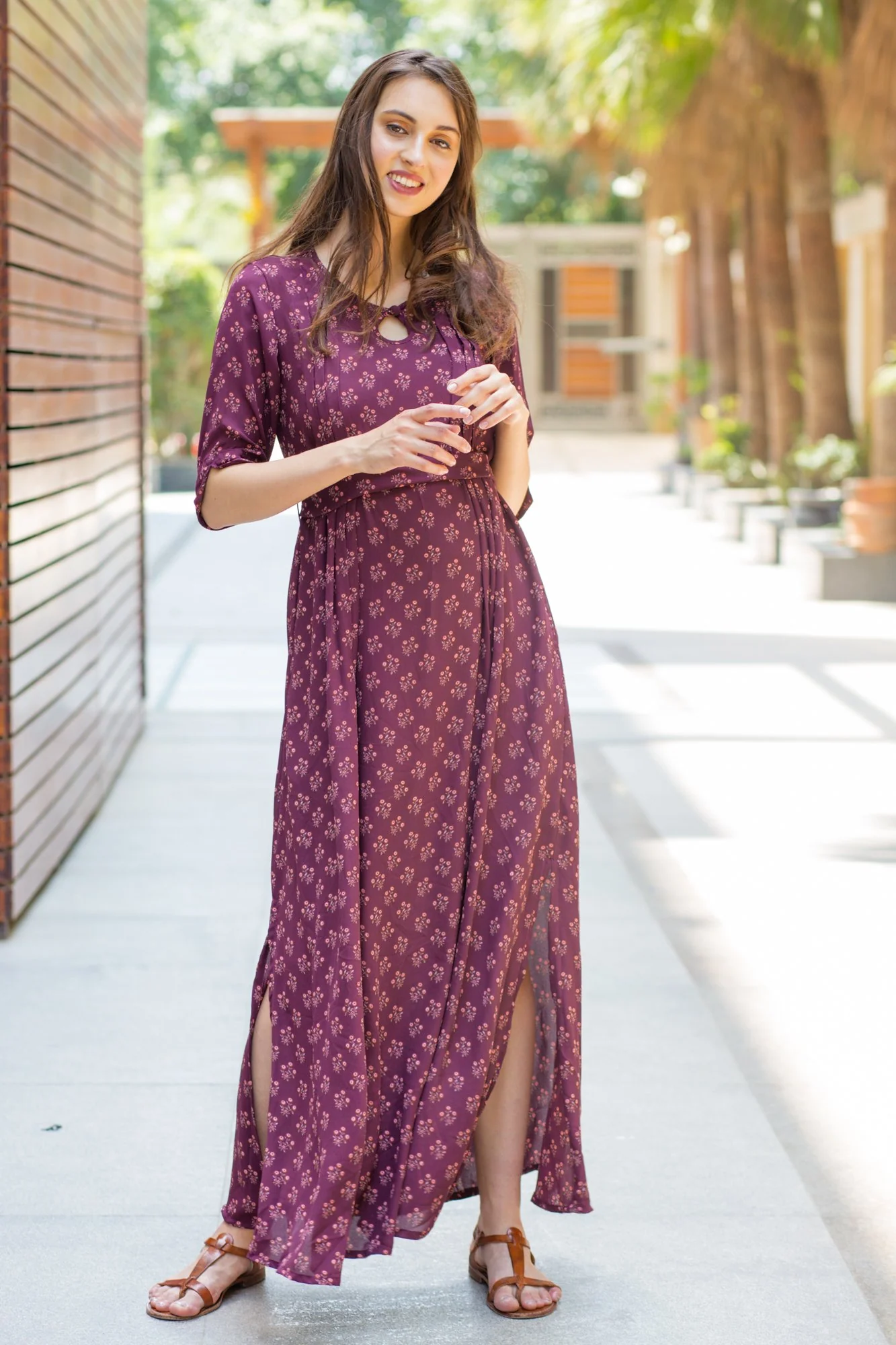 Merlot Side Slit Concealed Zips Feeding Dress - Chenance