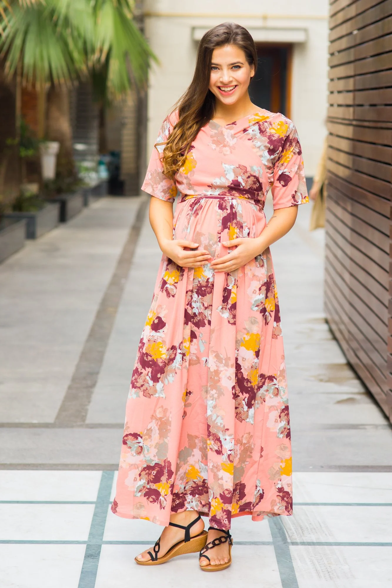 Carolina Peach Floral Maternity & Nursing Wrap Dress - Chenance