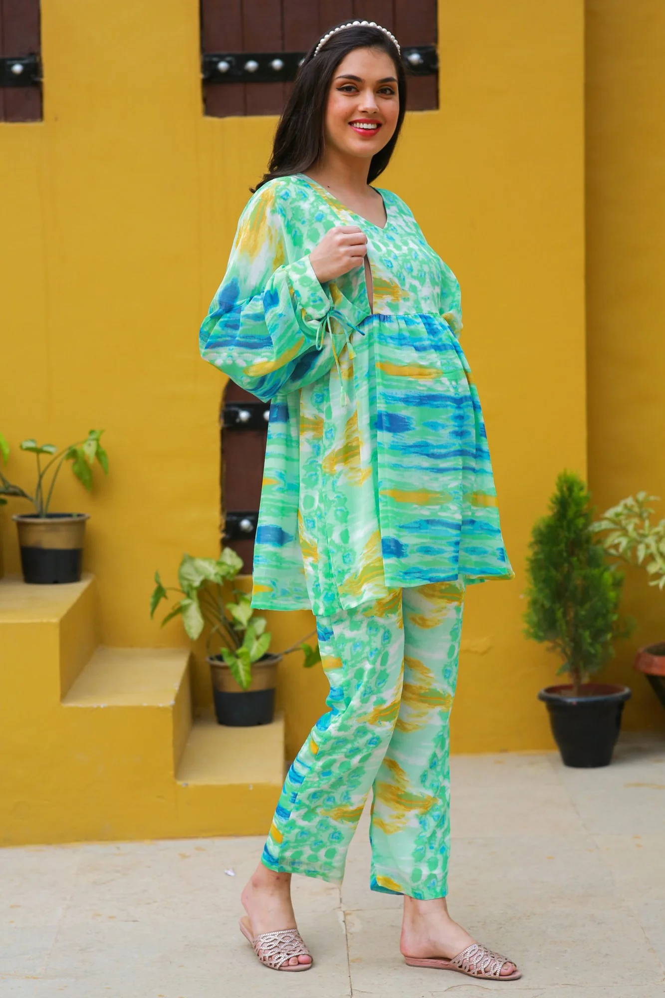 Luxe Aqua Tie & Dye Maternity & Nursing Lounge Coord Set (2 pc) - Chenance
