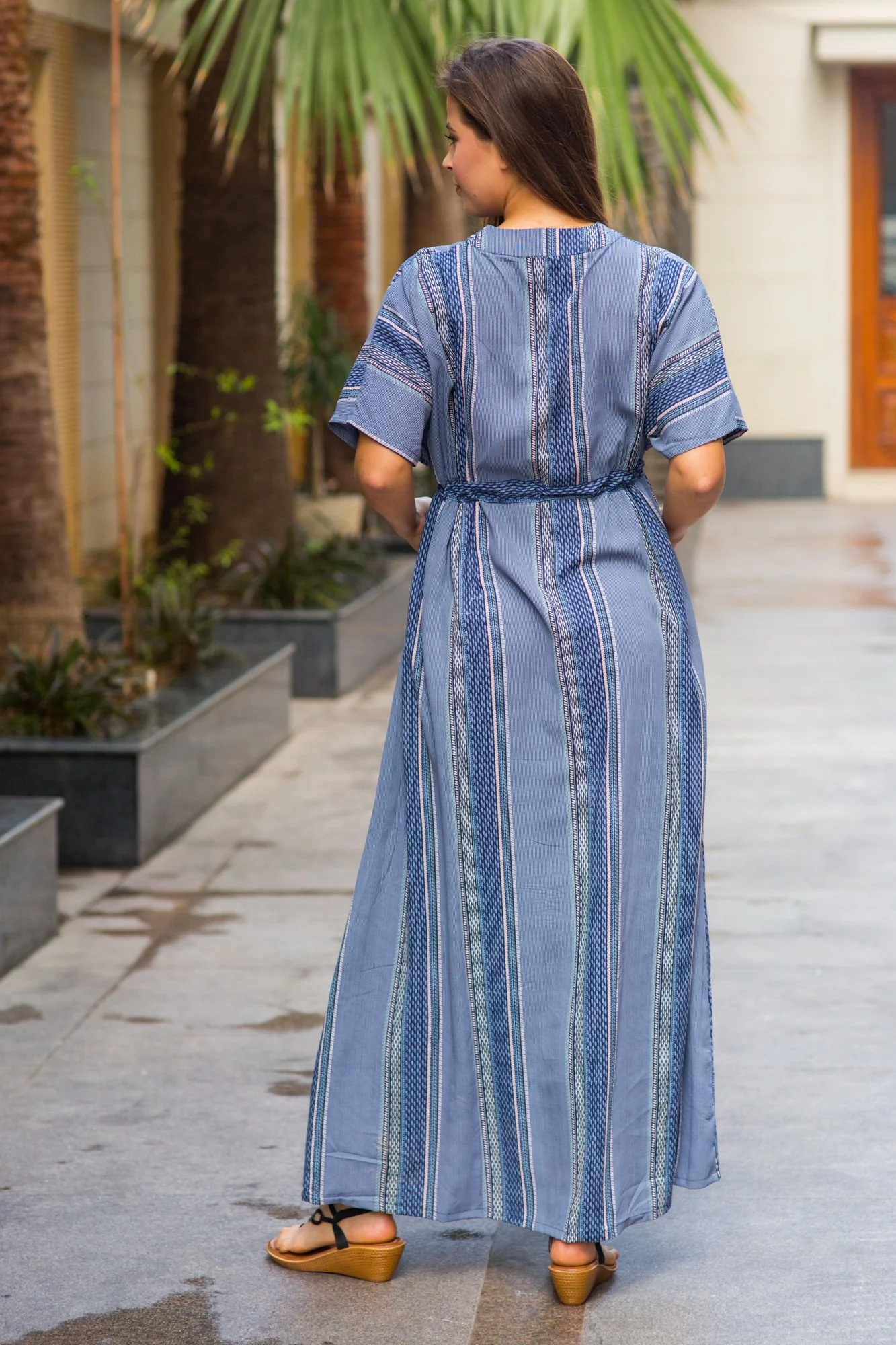 Kimono Indigo Stripe Maternity & Nursing Dress / Delivery Gown/ Night Dress - Chenance