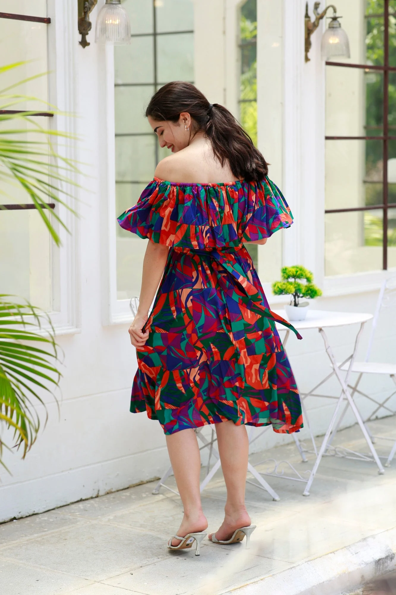 Retro Abstract Blue Off-Shoulder Maternity Frill Dress - Chenance