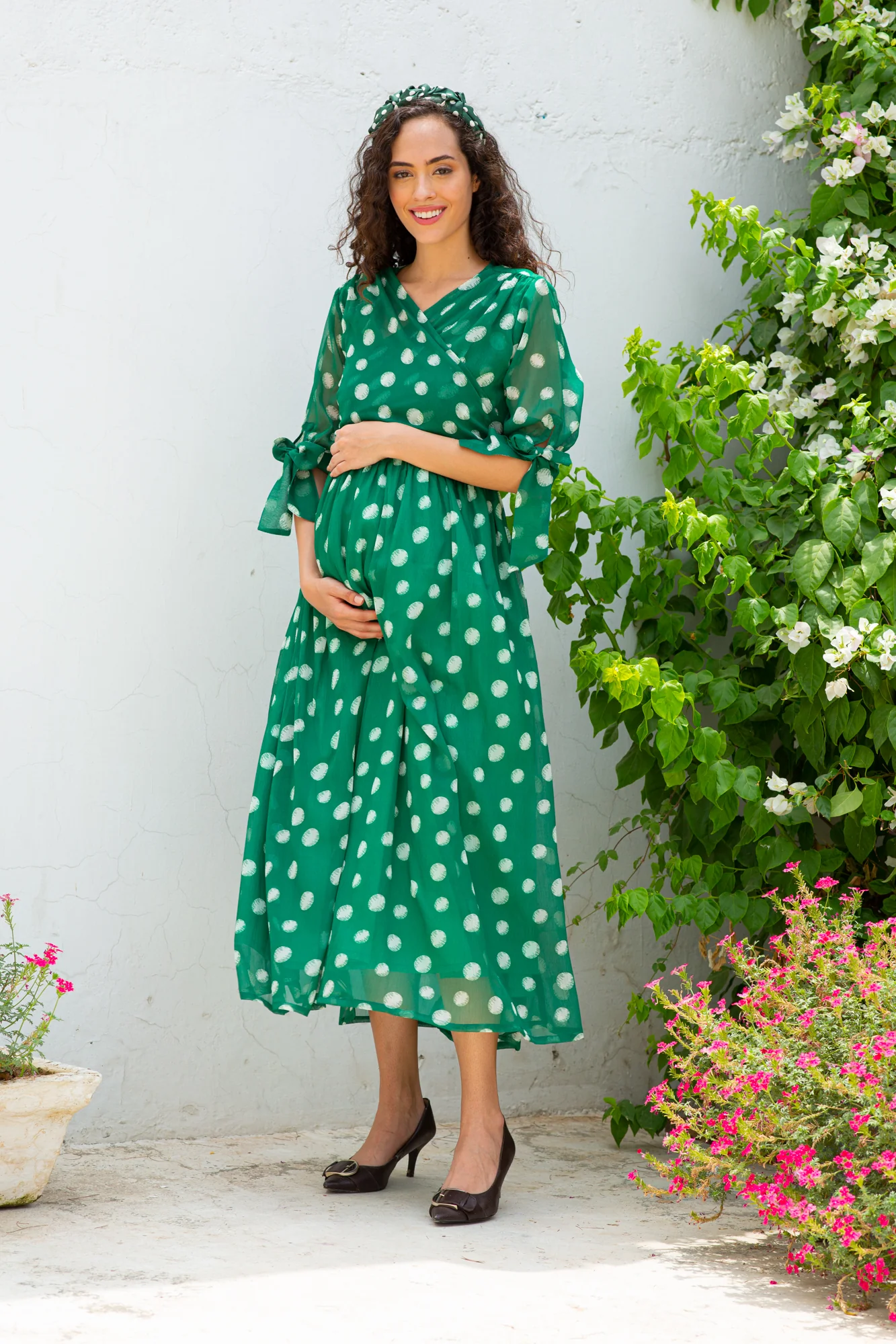 Emerald Dancing Polka Maternity & Nursing Midi Wrap Dress - Chenance