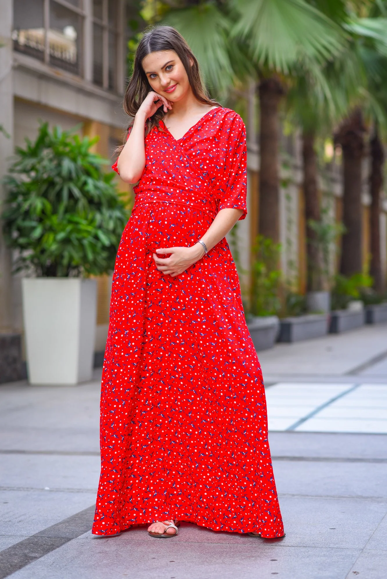 Luxe Red Floral Maternity & Nursing Wrap Dress - Chenance