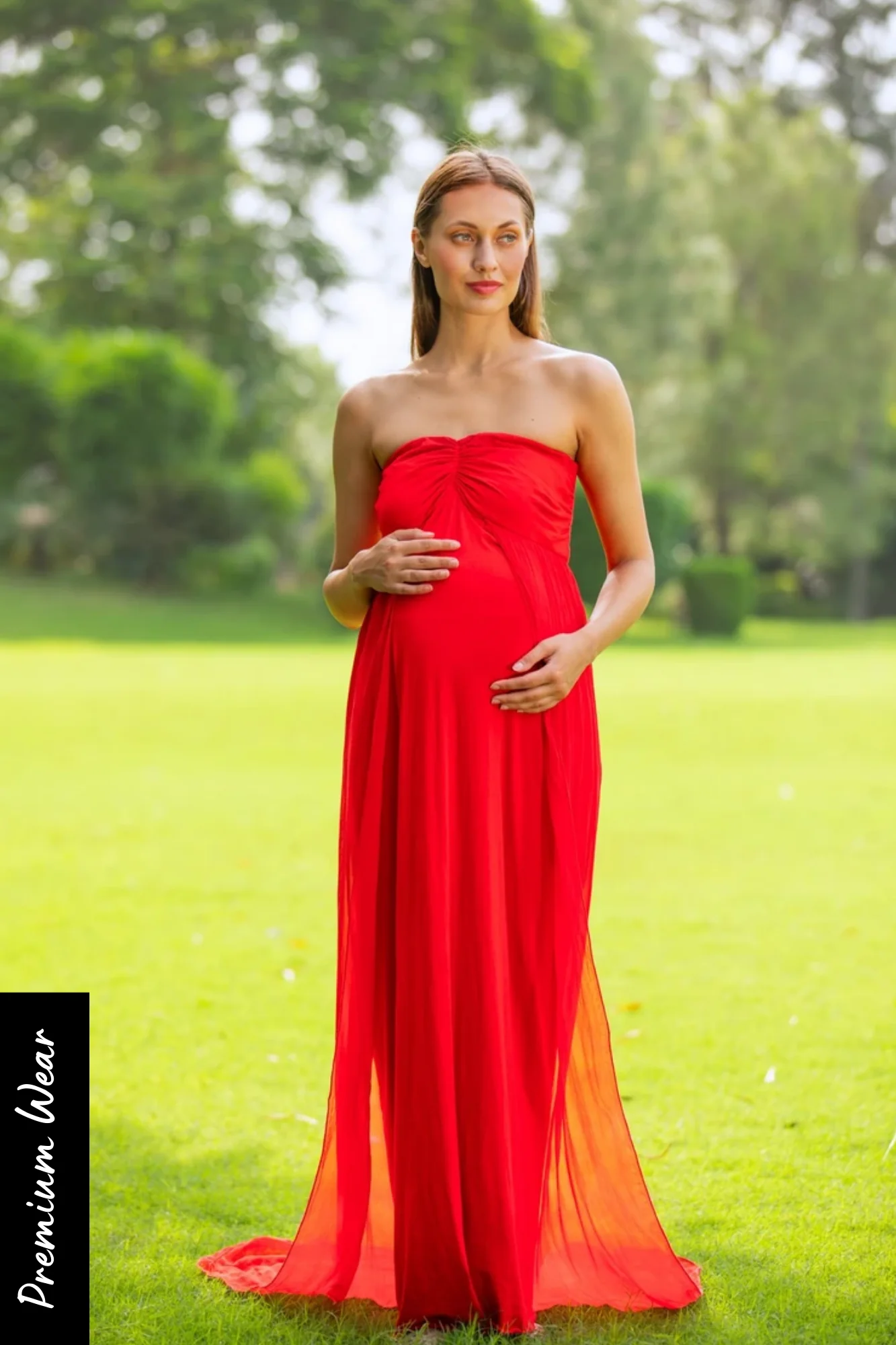 Luxe Cherry Red Off-Shoulder Trail Maternity Photoshoot Gown - Chenance