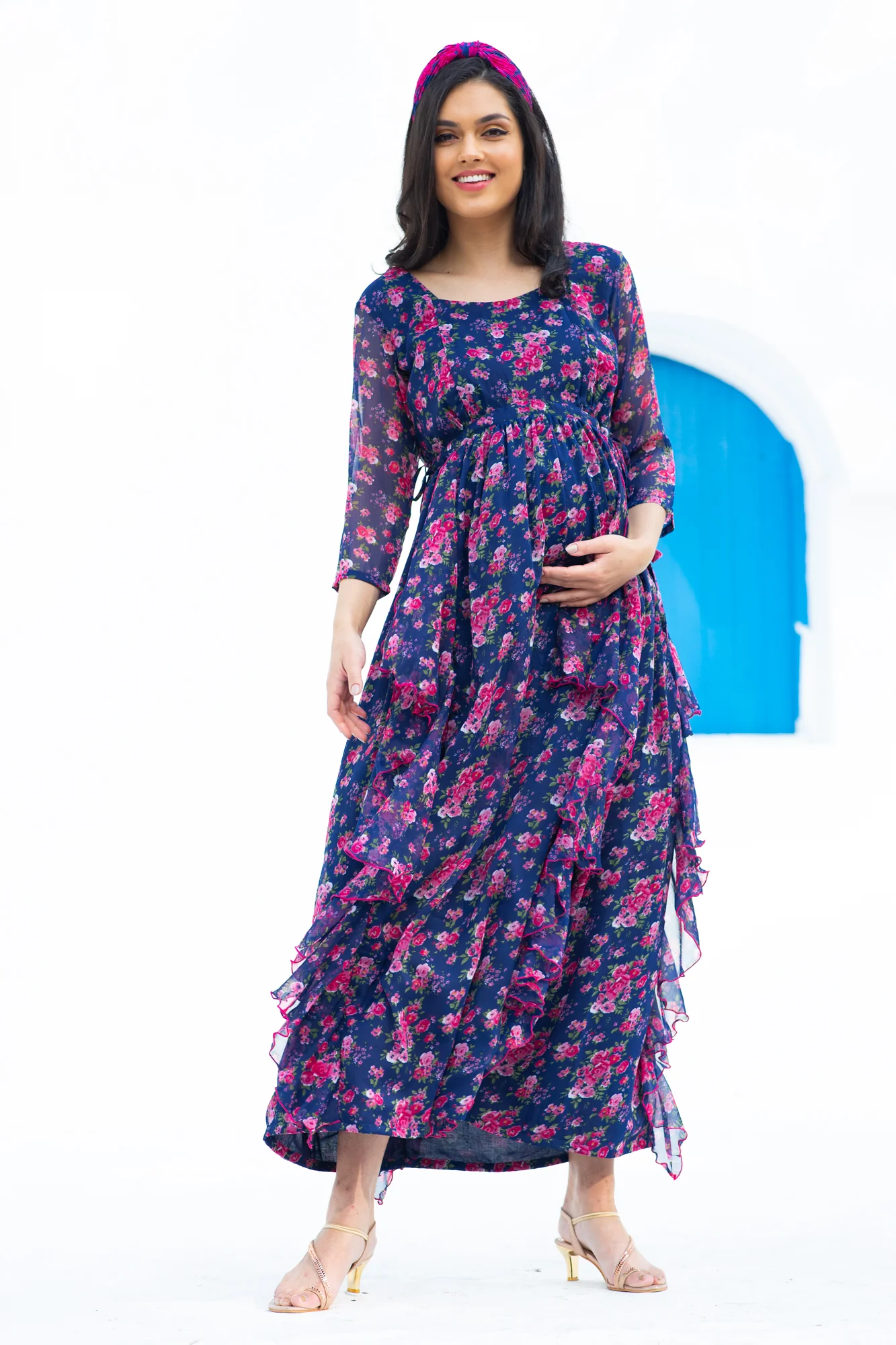 Midnight Bloom Maternity & Nursing Flow Dress - Chenance