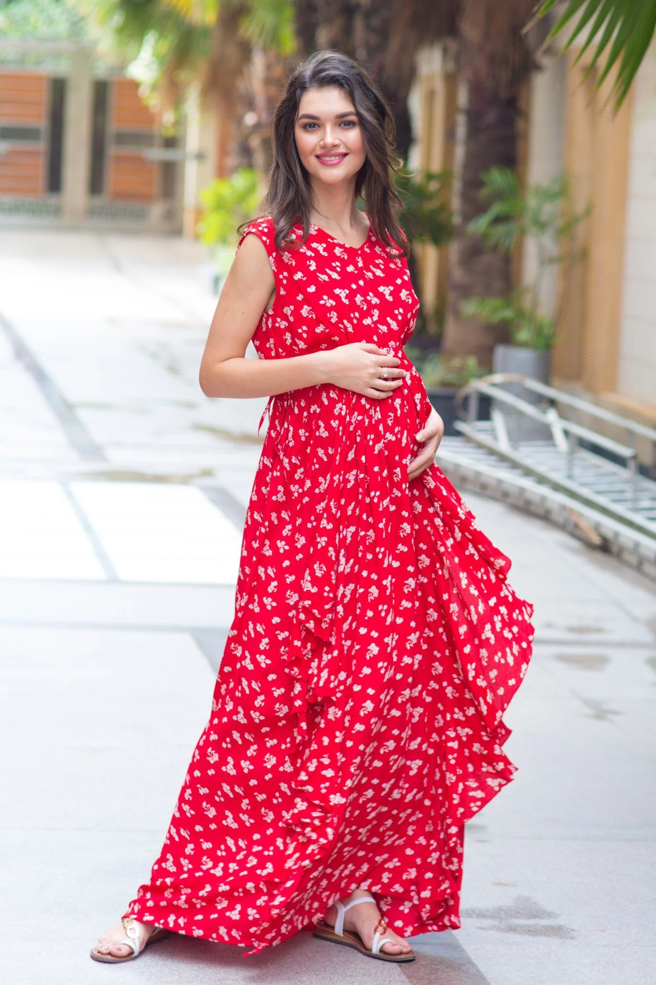 Royal Cherry Luxe Floral Maternity Dress - Chenance