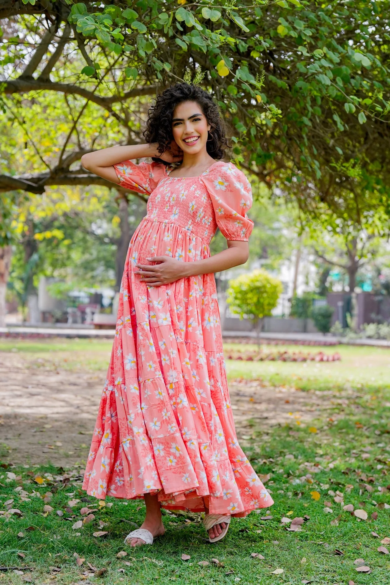 Graceful Apricot Floral Maternity Layered Dress (100% Cotton) - Chenance