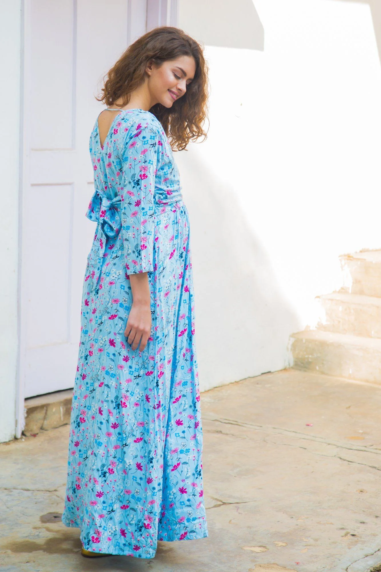Sky Blue Floral  Maternity & Nursing Wrap Dress - Chenance