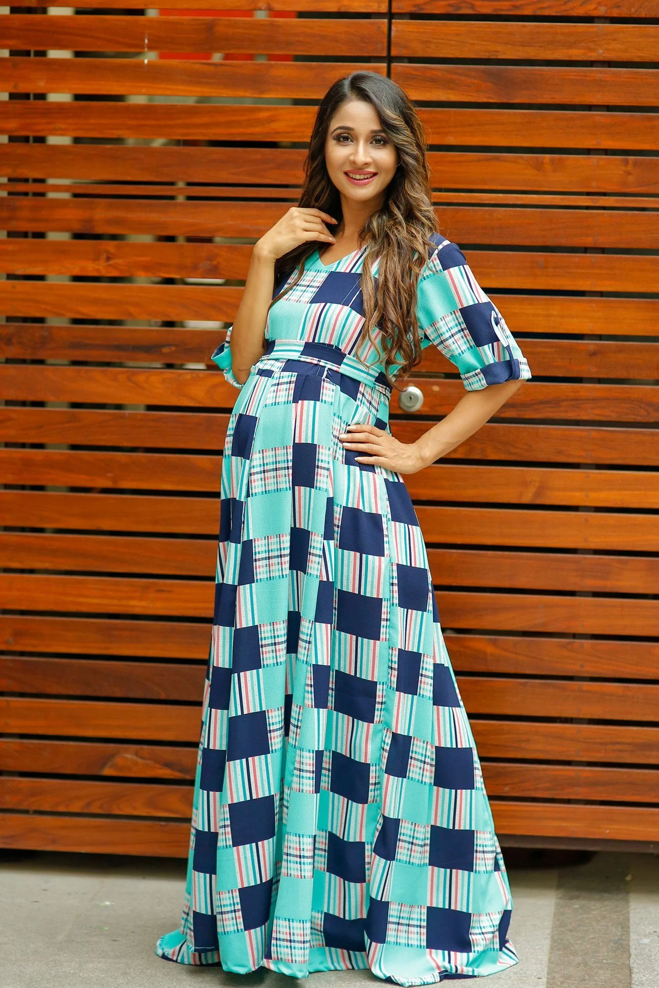 Green Check Concealed Zips Maternity & Nursing Maxi Dress - Chenance