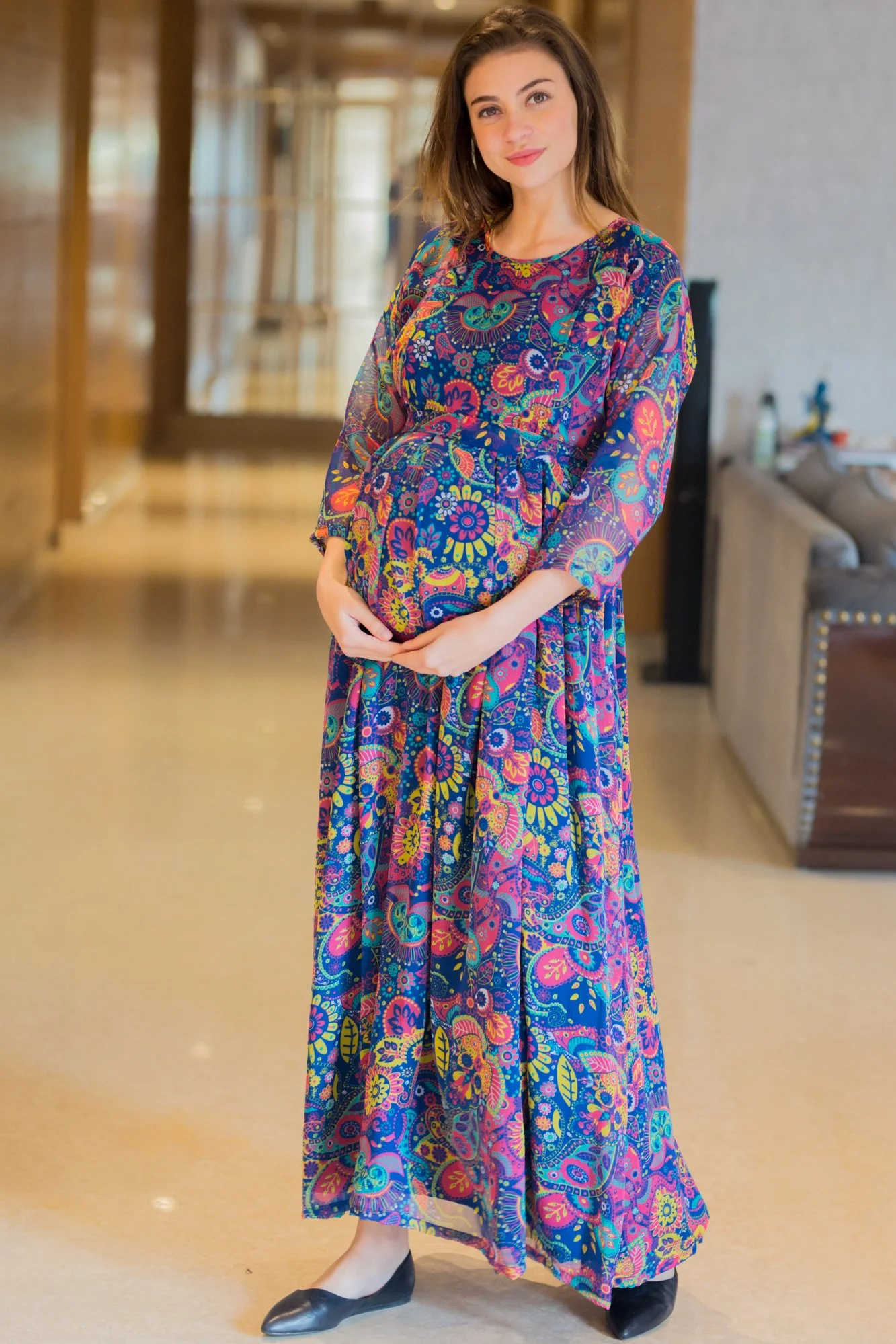 Multi Blossom Concealed Zip Maternity & Nursing Maxi - Chenance