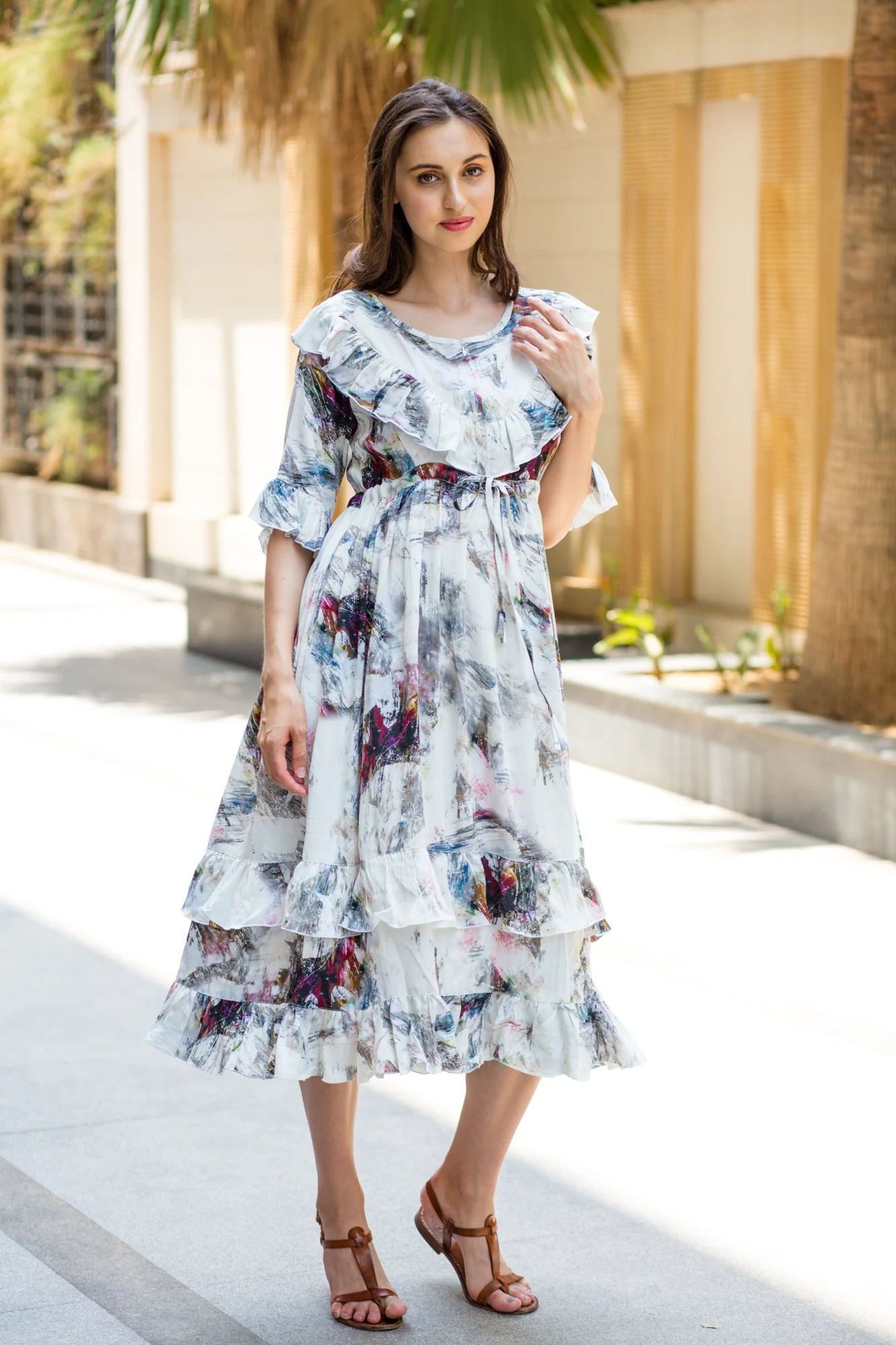 Abstract Front Frill Maternity & Nursing Midi Dress - Chenance