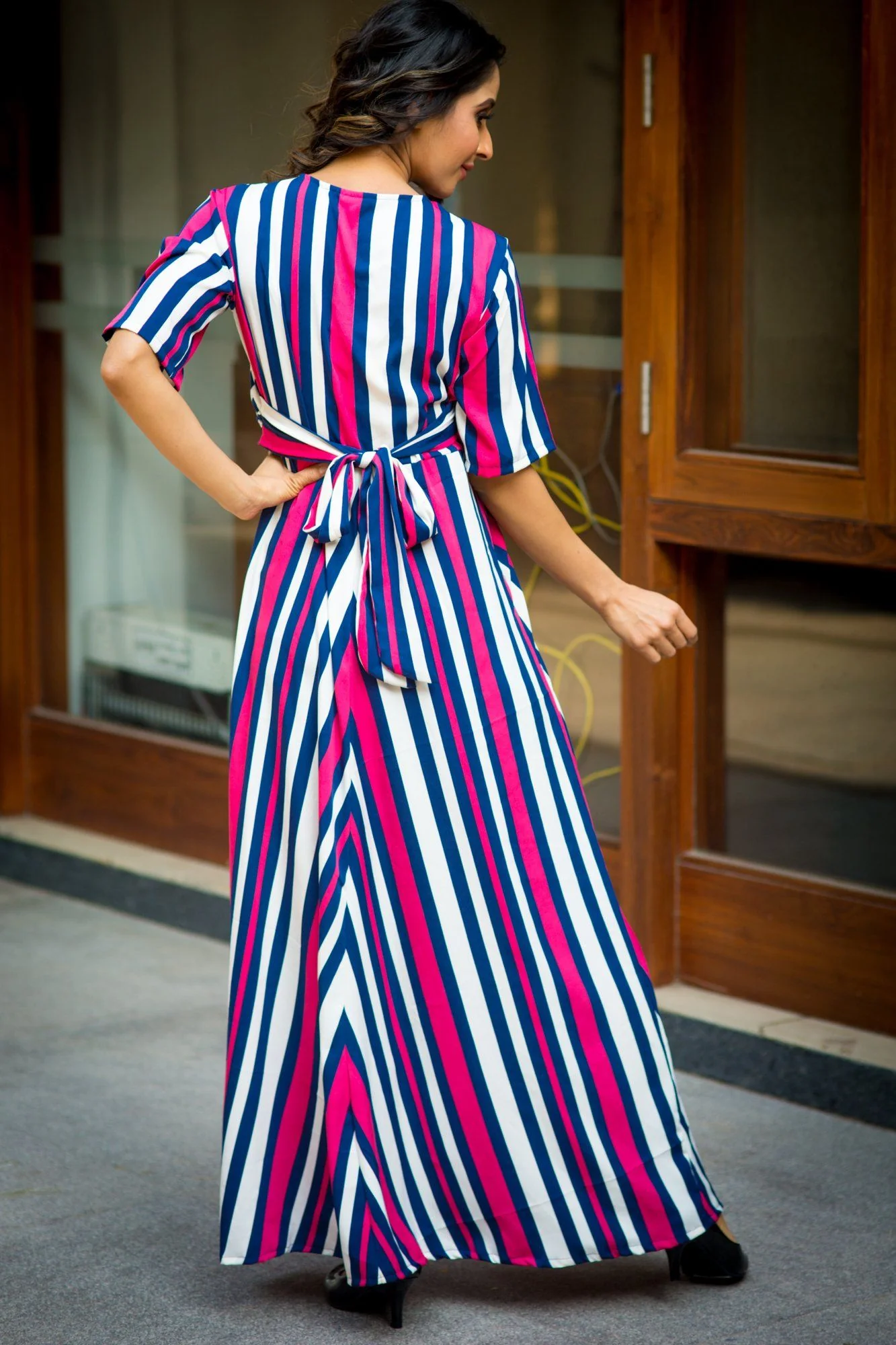 Royal Navy Magenta Striped Maternity & Nursing Wrap Dress - Chenance