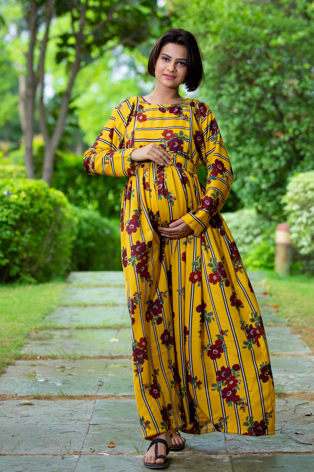 Honey Floral Striped Maternity & Nursing Dress - Chenance