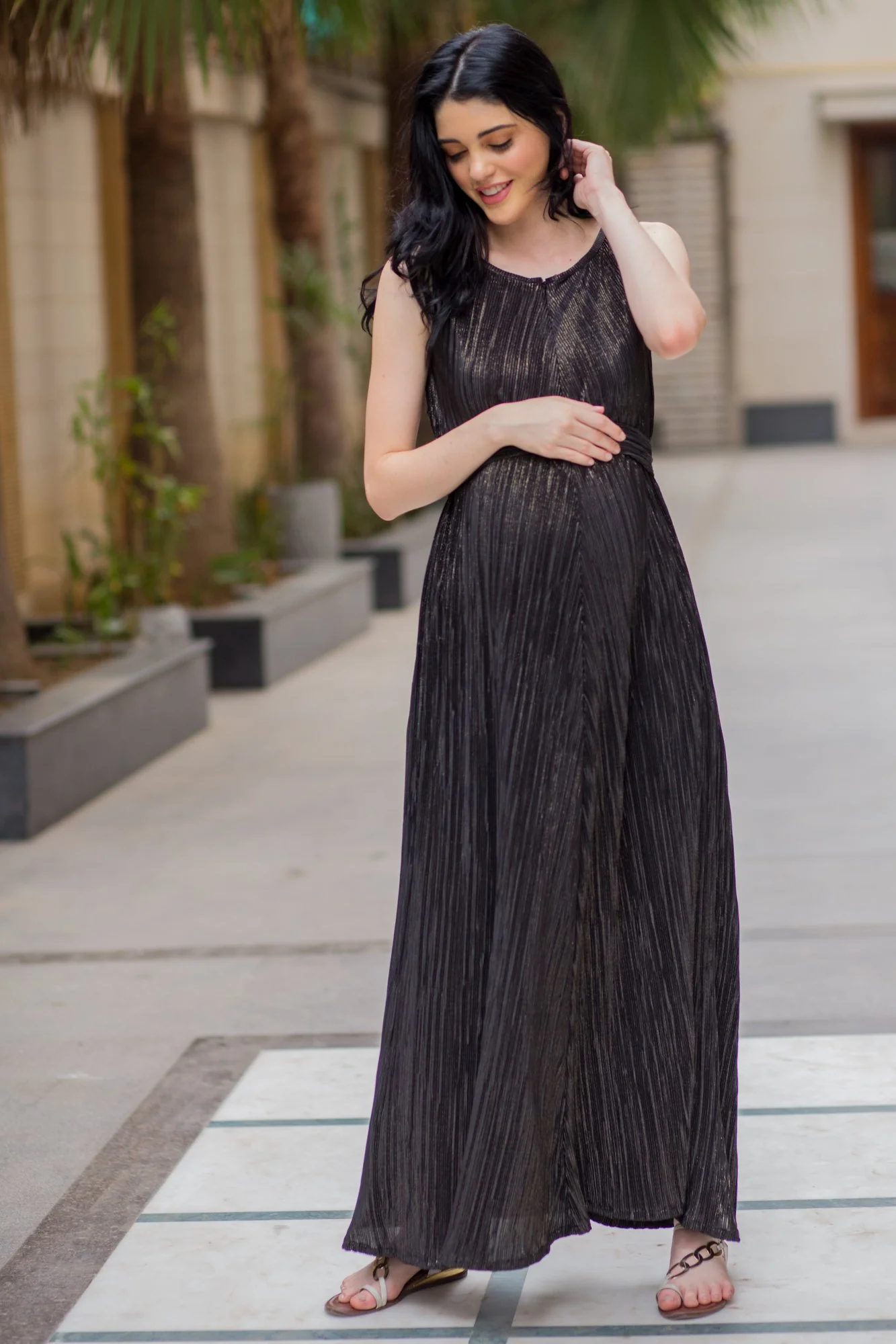 Exclusive Black Gold Pleated Maternity & Nursing Dress - Chenance