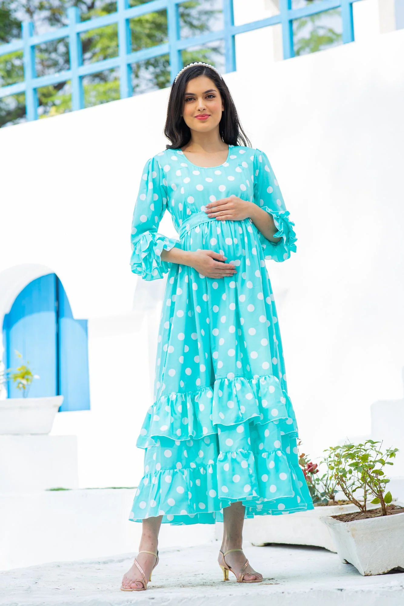 Classic Turquoise Polka Maternity & Nursing Frill Dress - Chenance