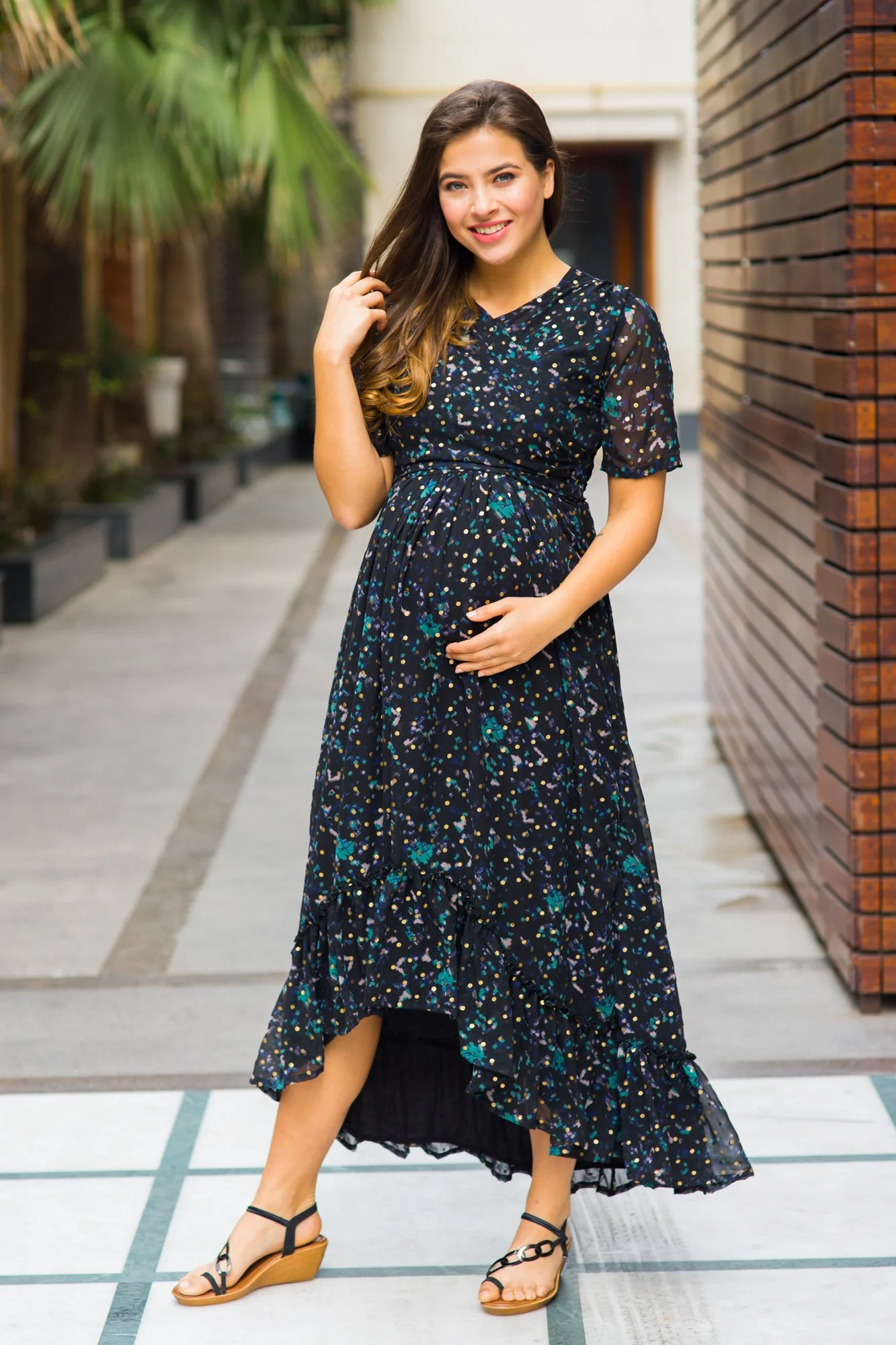 Midnight Gold Embellished Hi-Low Maternity & Nursing Wrap Dress - Chenance