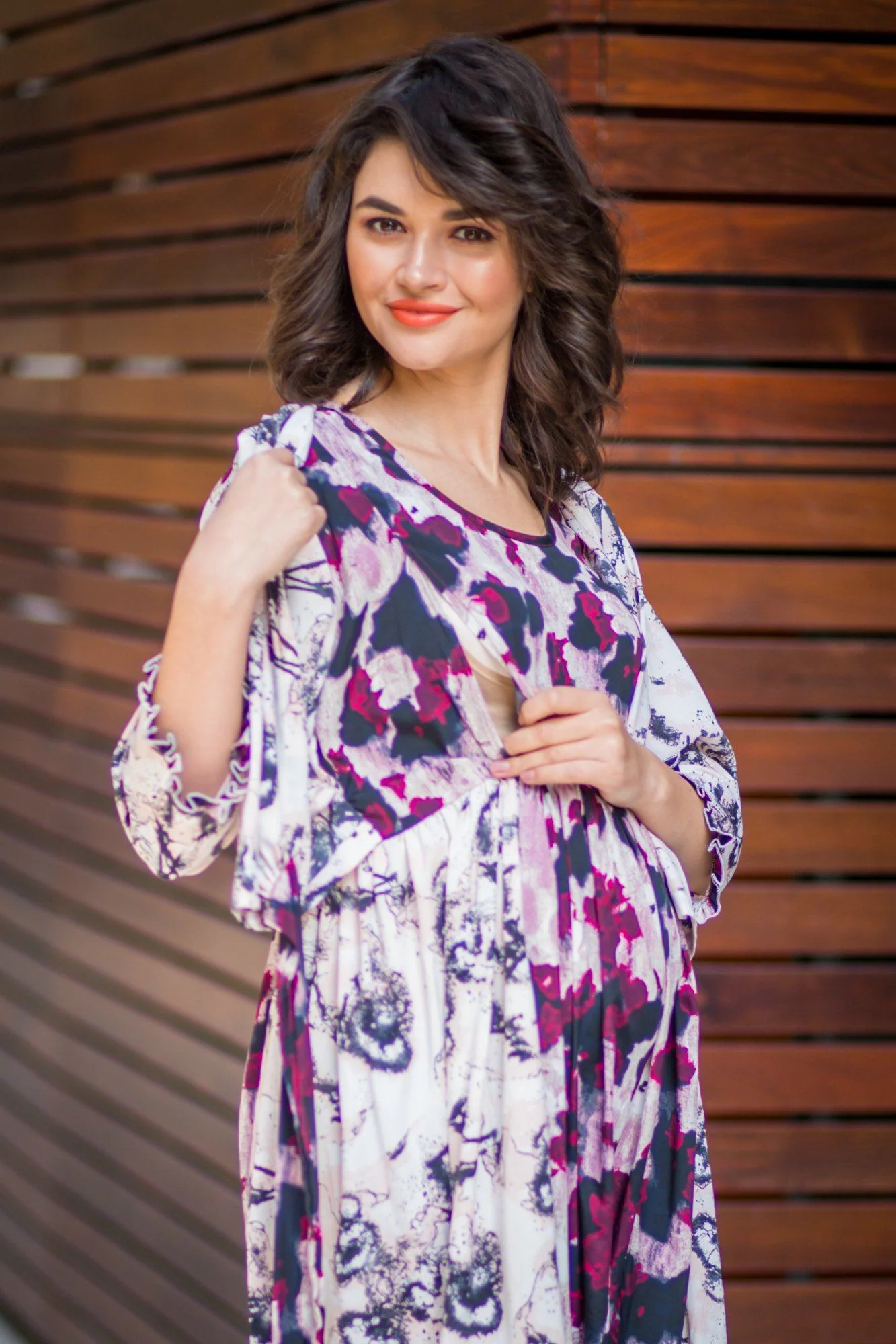 Plum Abstract Frill Maternity & Nursing Wrap Dress - Chenance