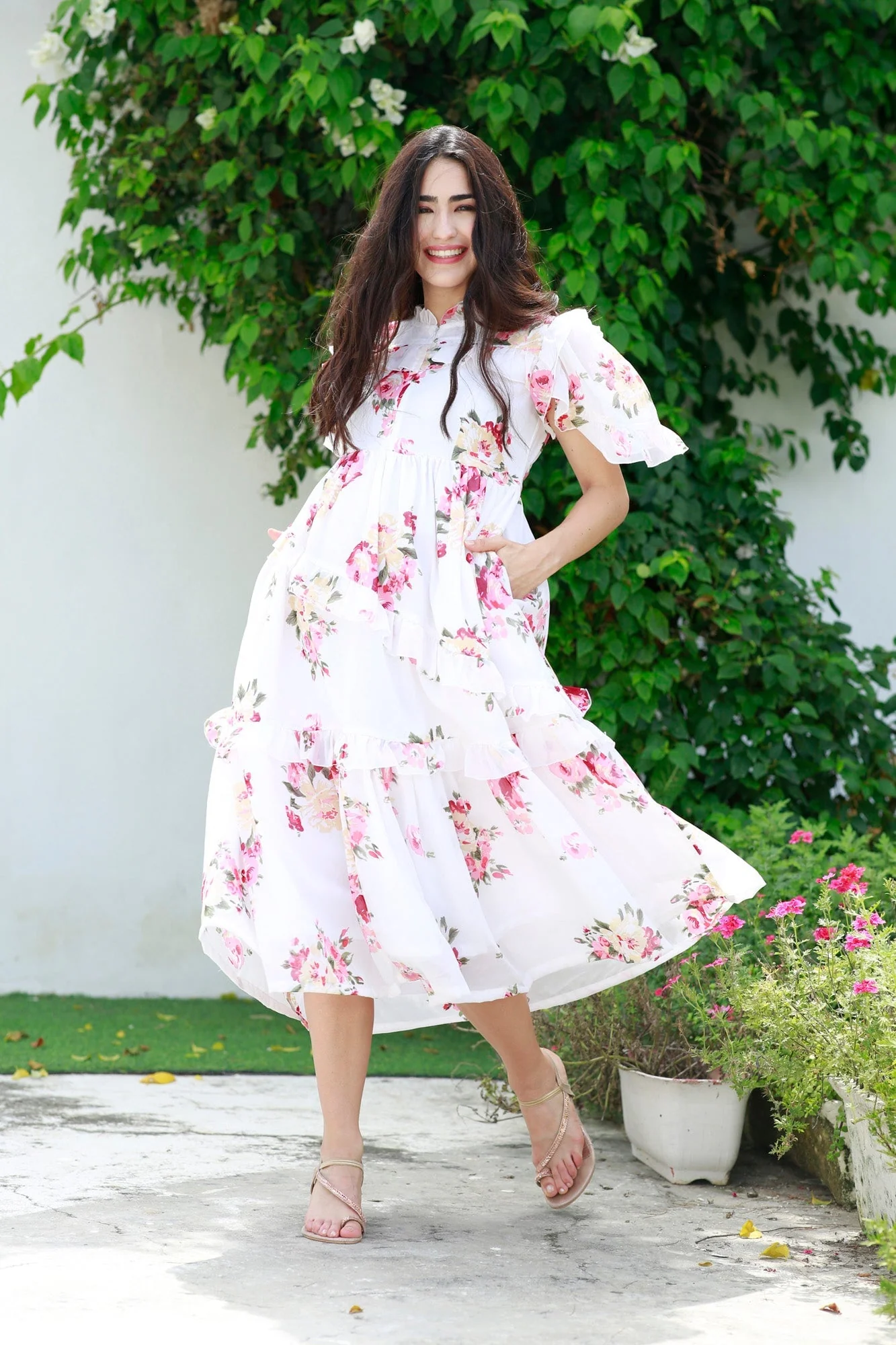 Soothing White Floral Maternity & Nursing Frill Dress - Chenance