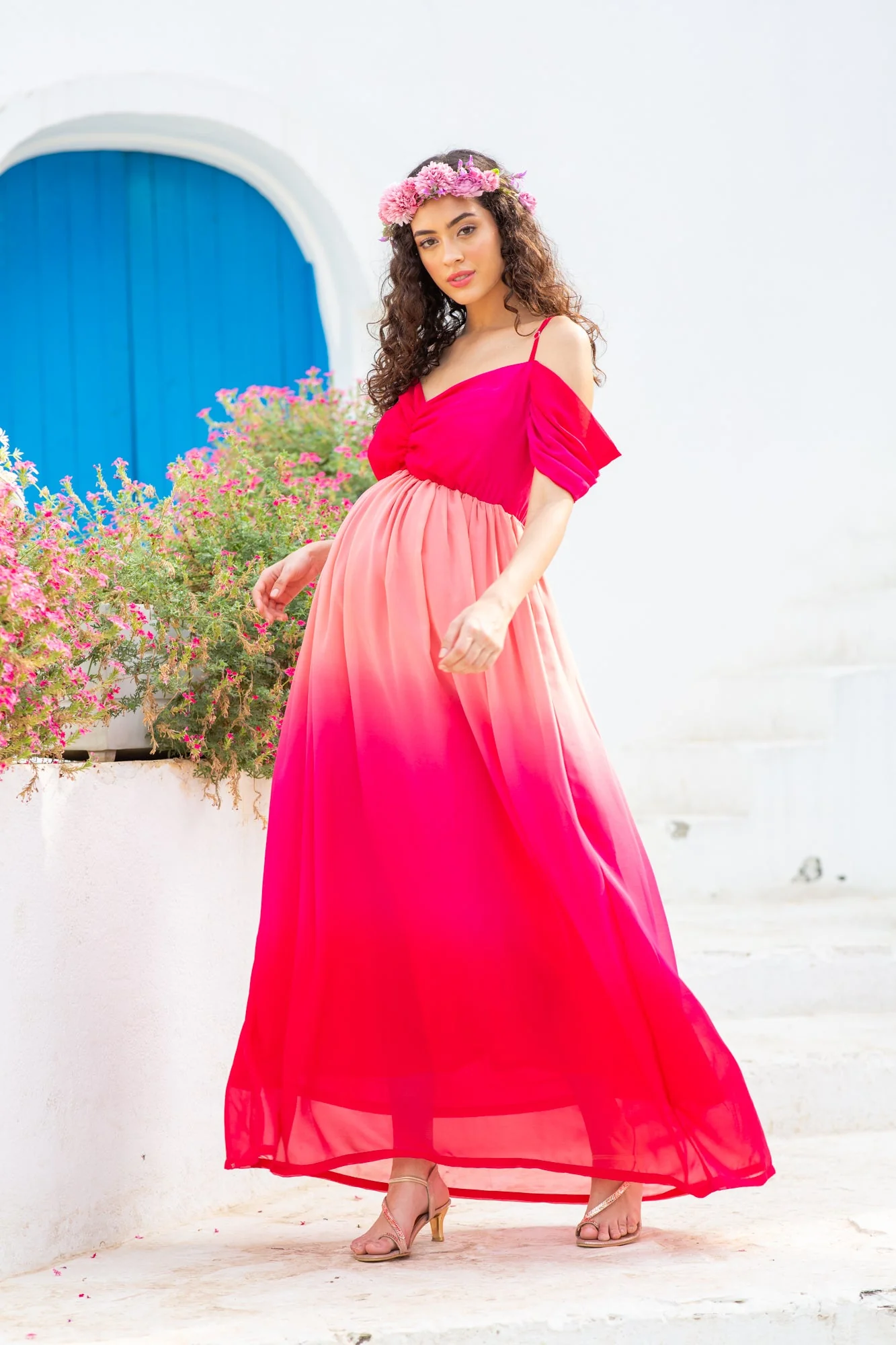 Luxe Graceful Flamingo Off-Shoulder Maternity Photoshoot Gown - Chenance
