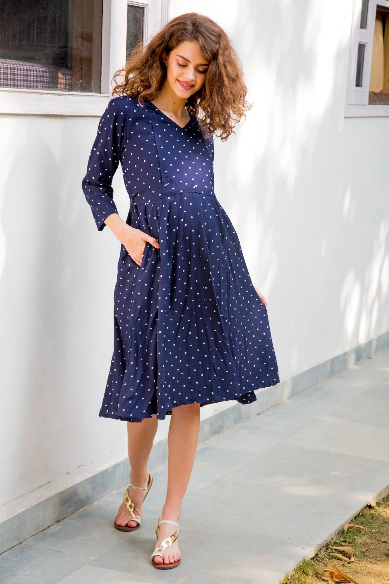 Indigo Polka Maternity & Nursing Dress - Chenance