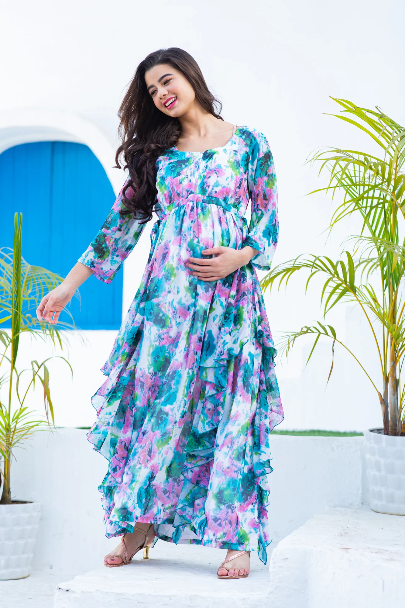 Luxe Vibrant Cascading Floral Maternity & Nursing Flow Dress - Chenance
