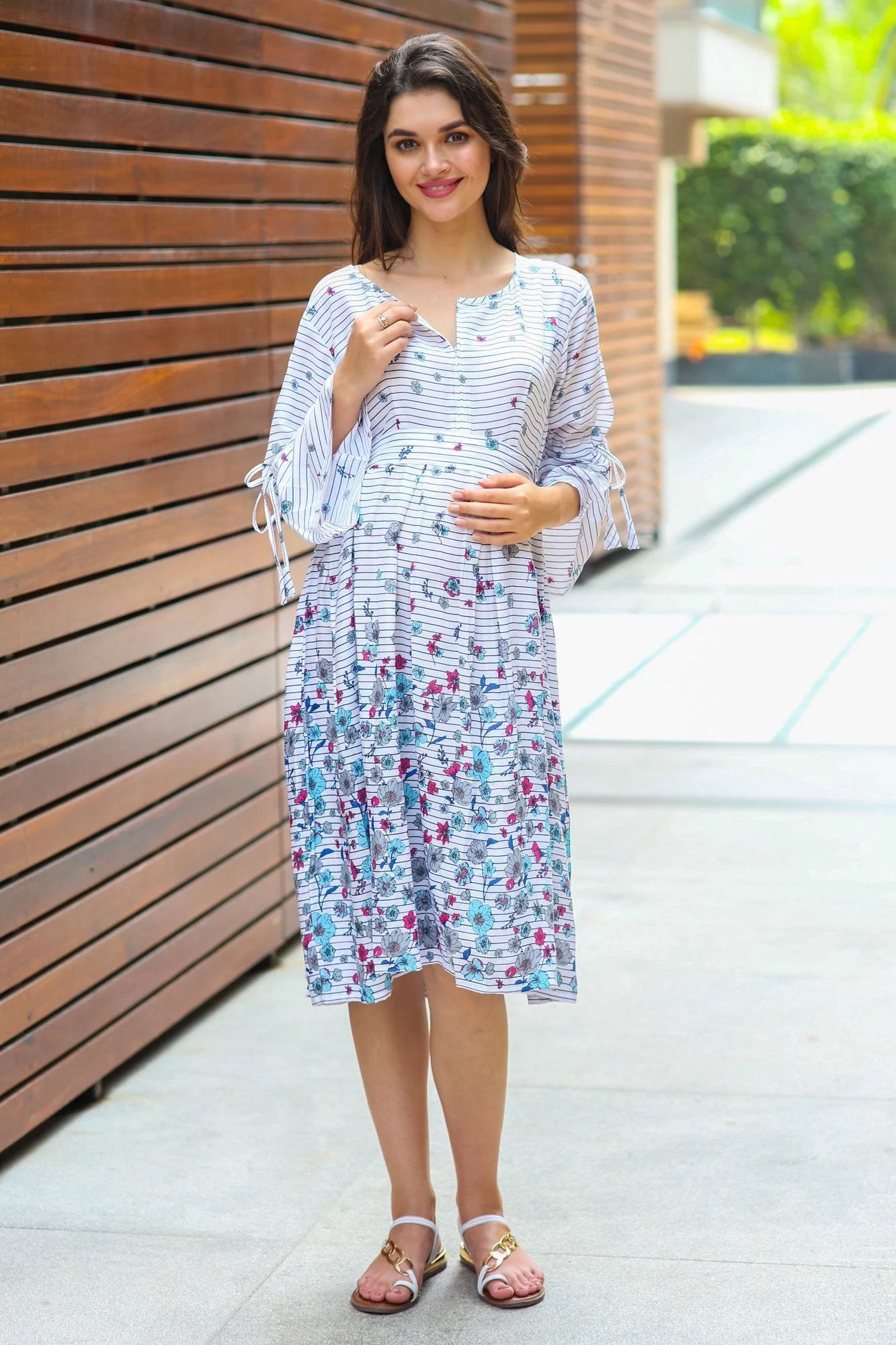 Angelic White Floral Tie Maternity & Nursing Dress - Chenance