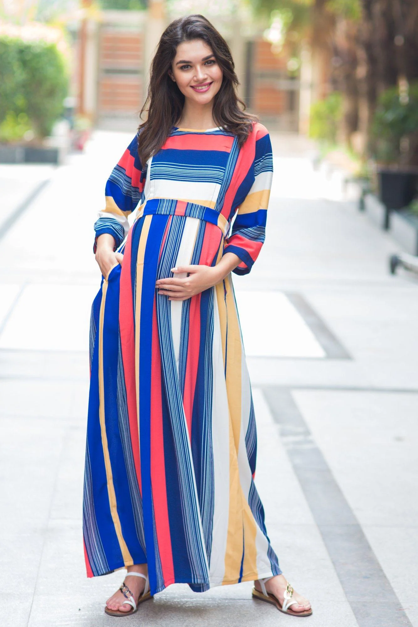Rainbow Stripe Crepe Maternity & Nursing Maxi - Chenance