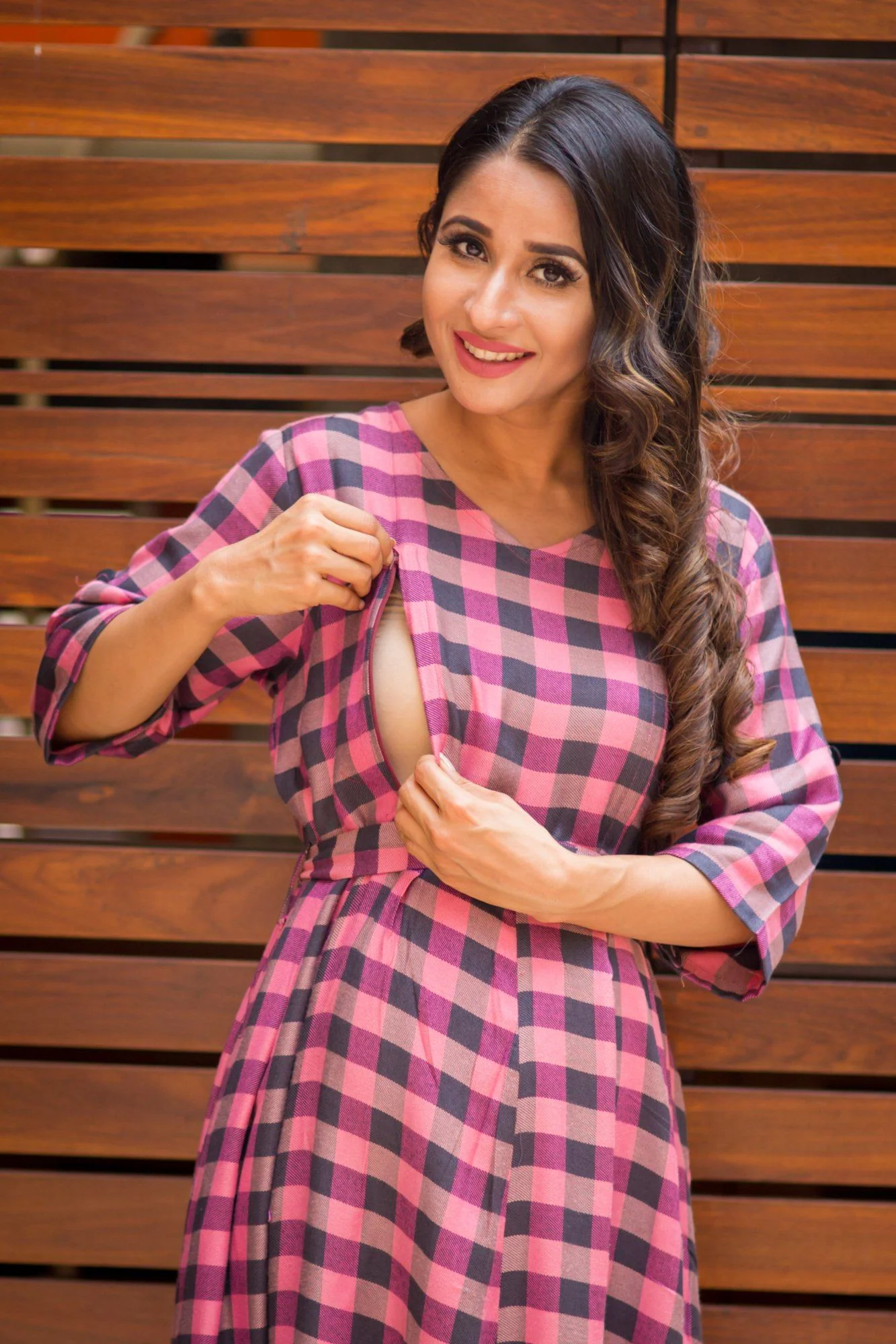 Bubblegum Plaid Maternity & Nursing Maxi Dress - Chenance