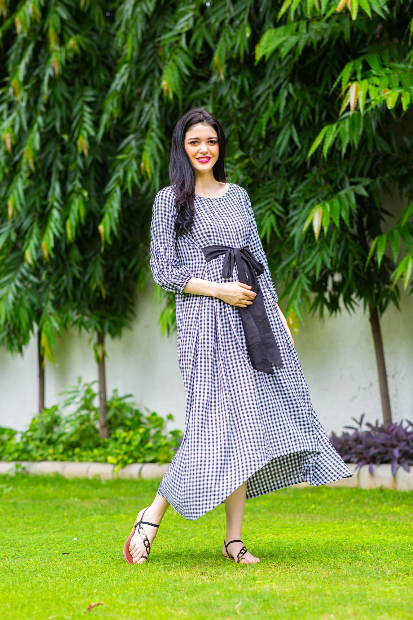 Plaid Dual Bow High-Low Maternity & Nursing Dress - Chenance