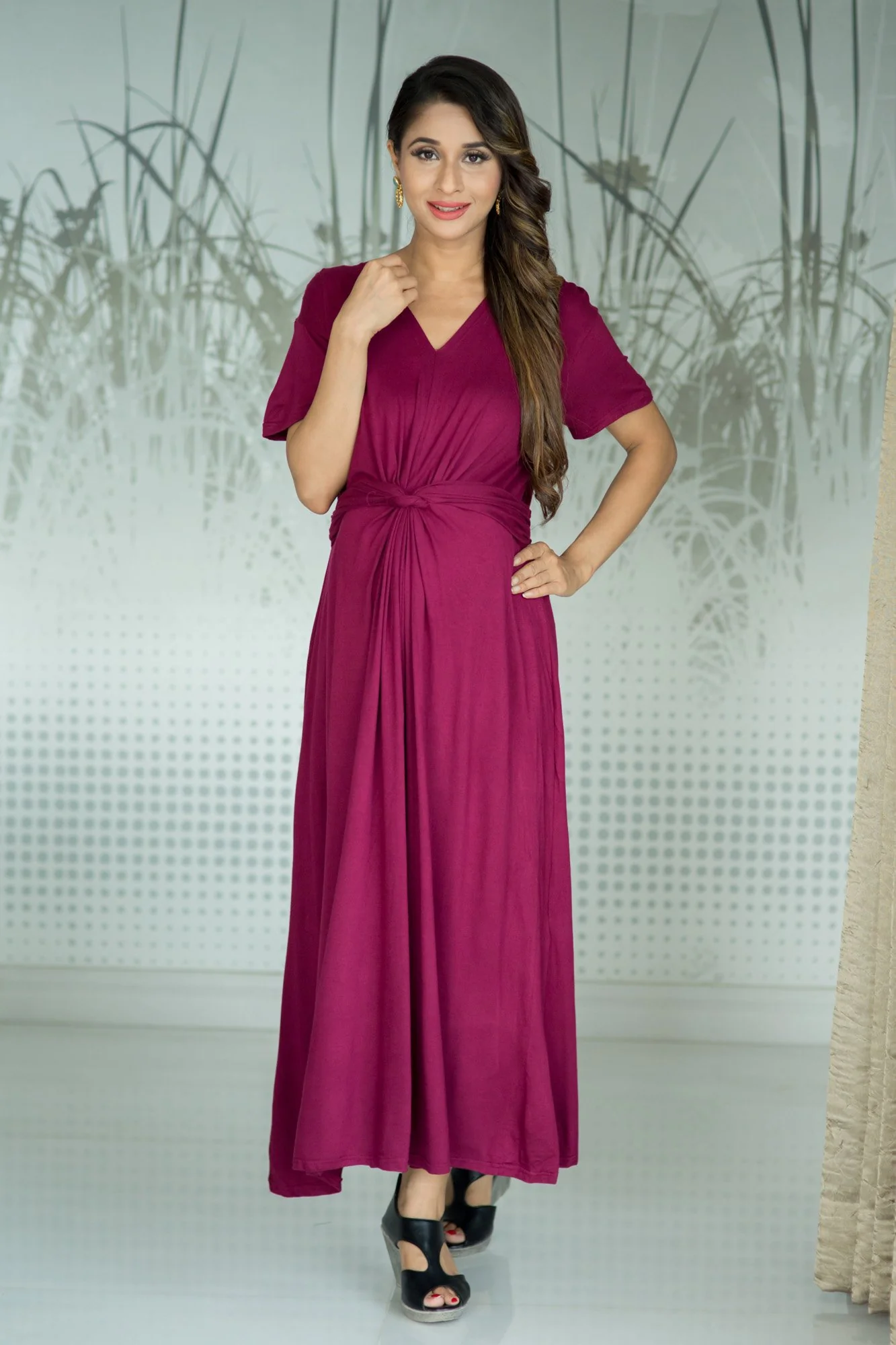 Berry Front Knot Lycra Maternity Dress - Chenance