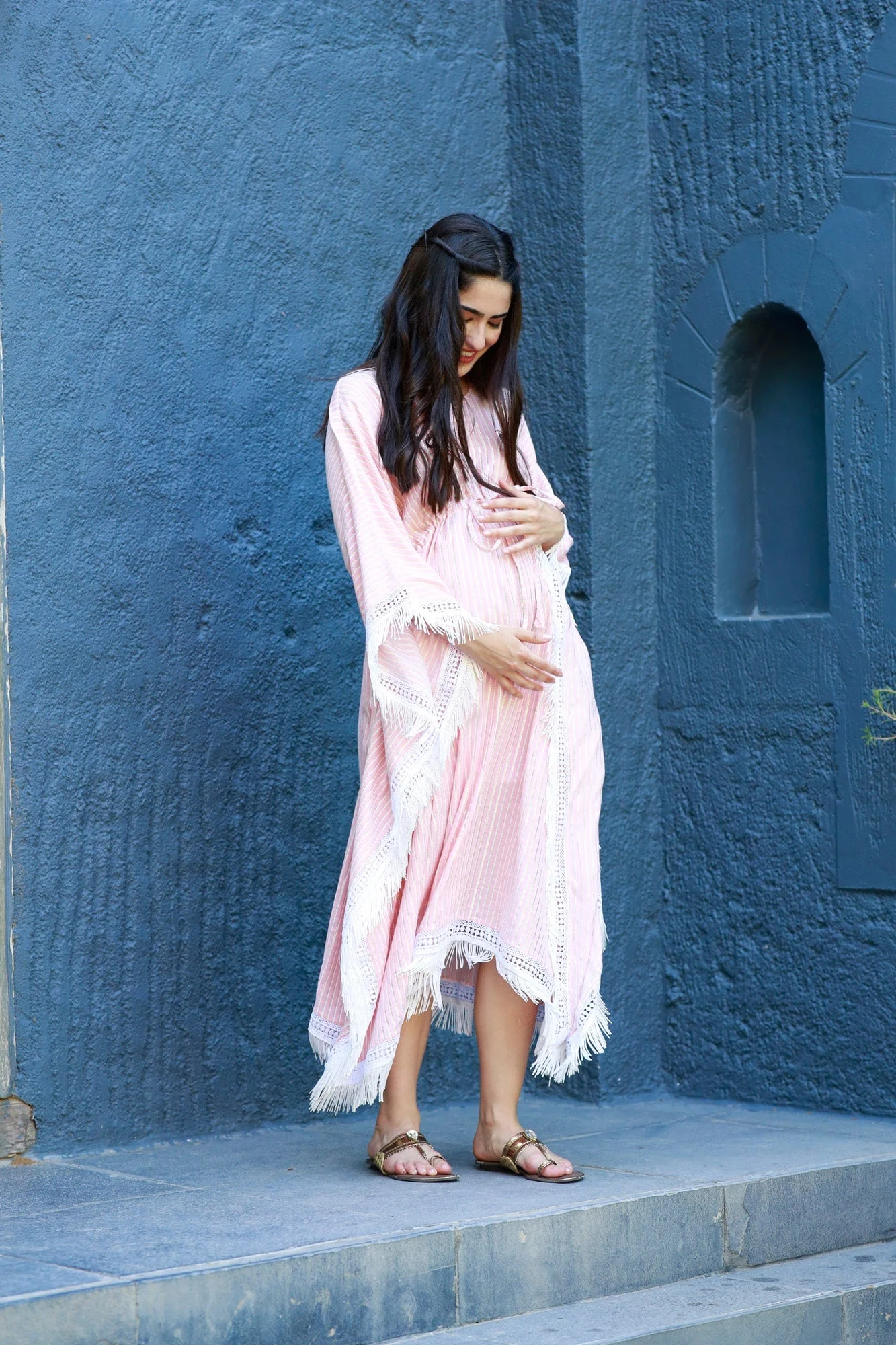 Luxe Coral Shimmer Striped Maternity & Nursing Kaftan - Chenance