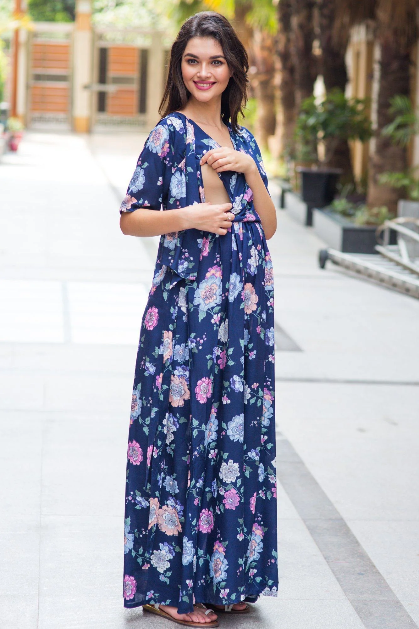 Navy Floral Maternity & Nursing Wrap Dress - Chenance