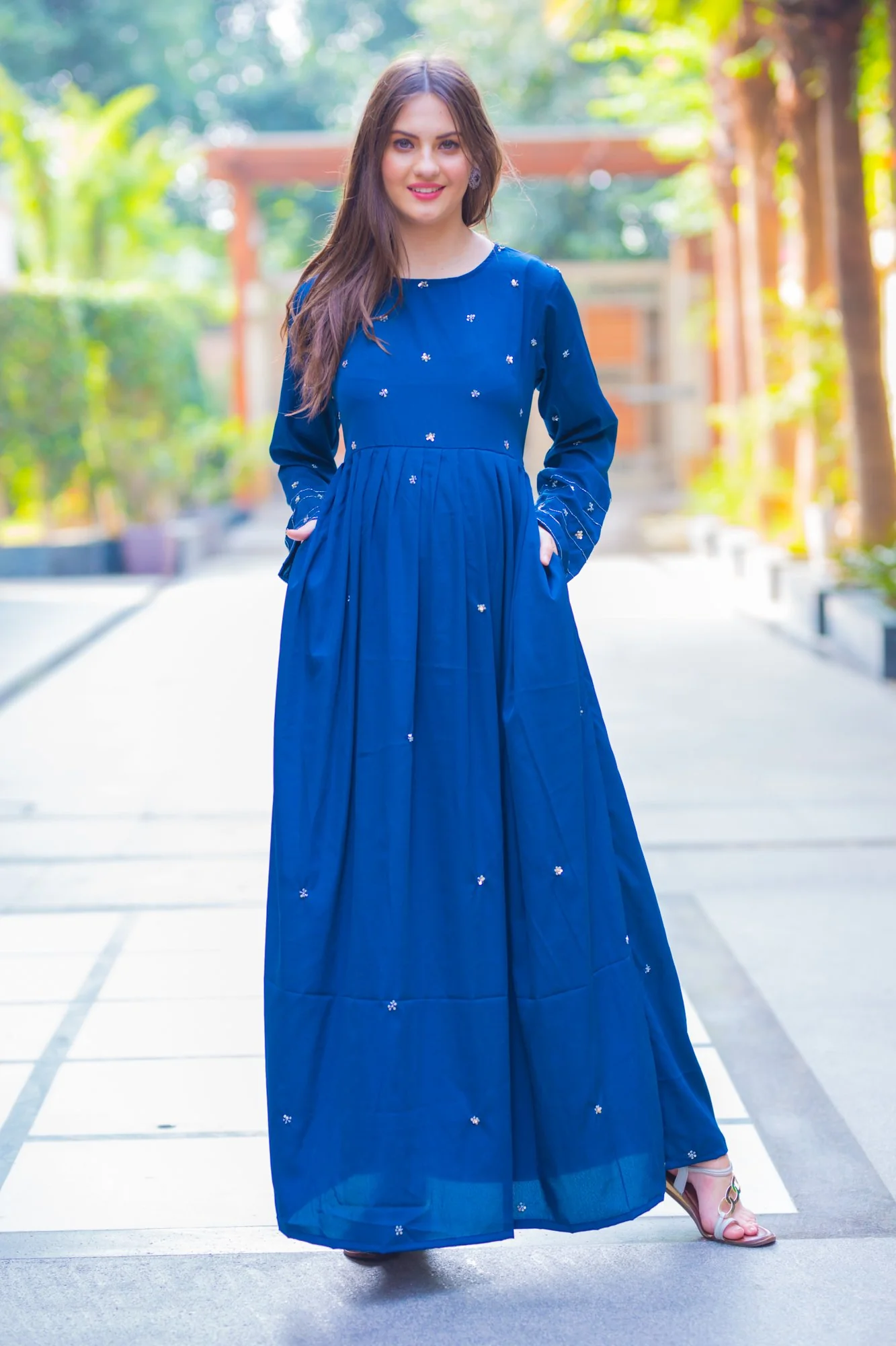 Premium Cobalt Blue Hand Embroidered  Maternity Dress - Chenance
