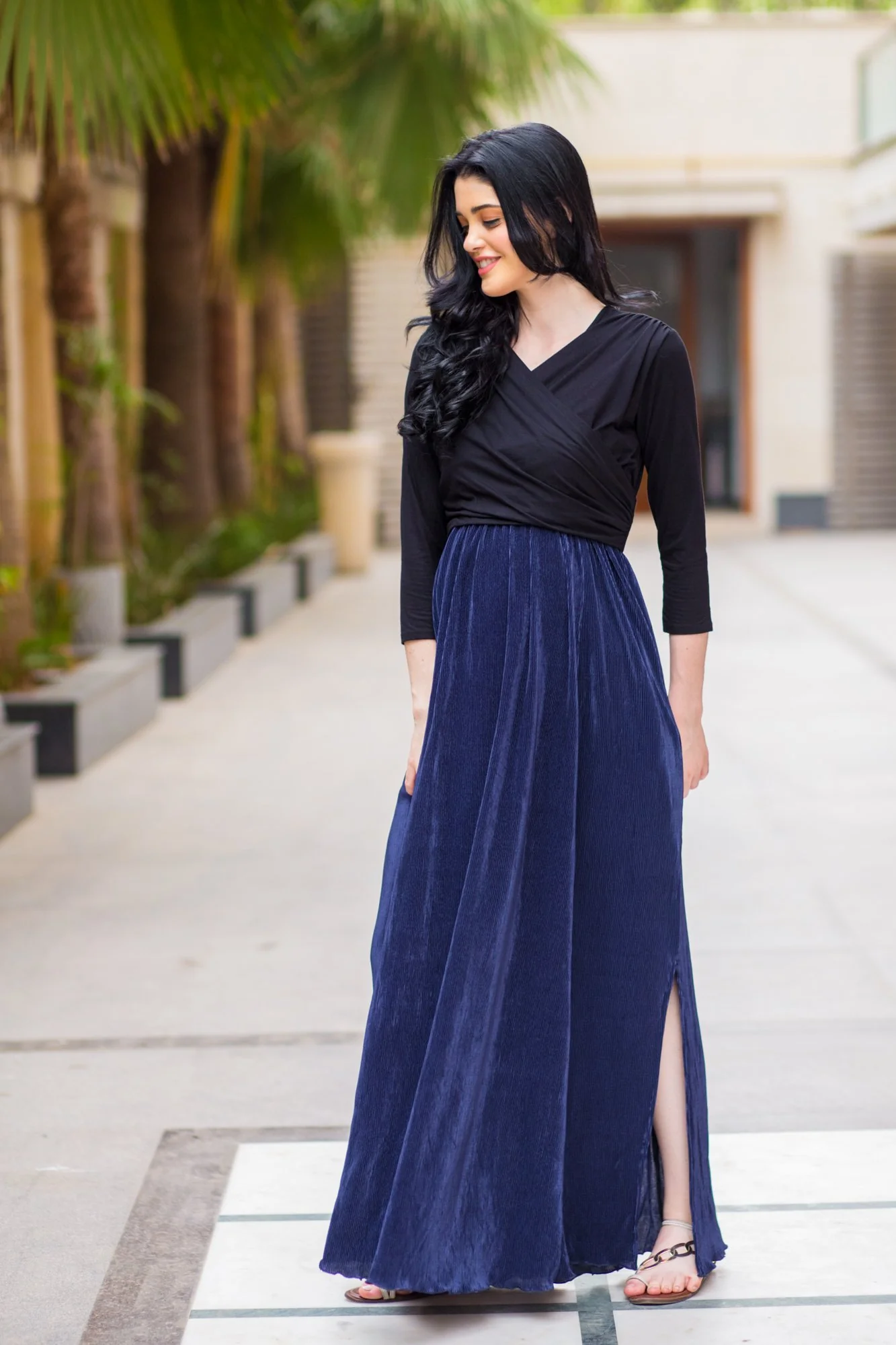 Luxe Navy Pleated & Nursing Wrap Dress - Chenance