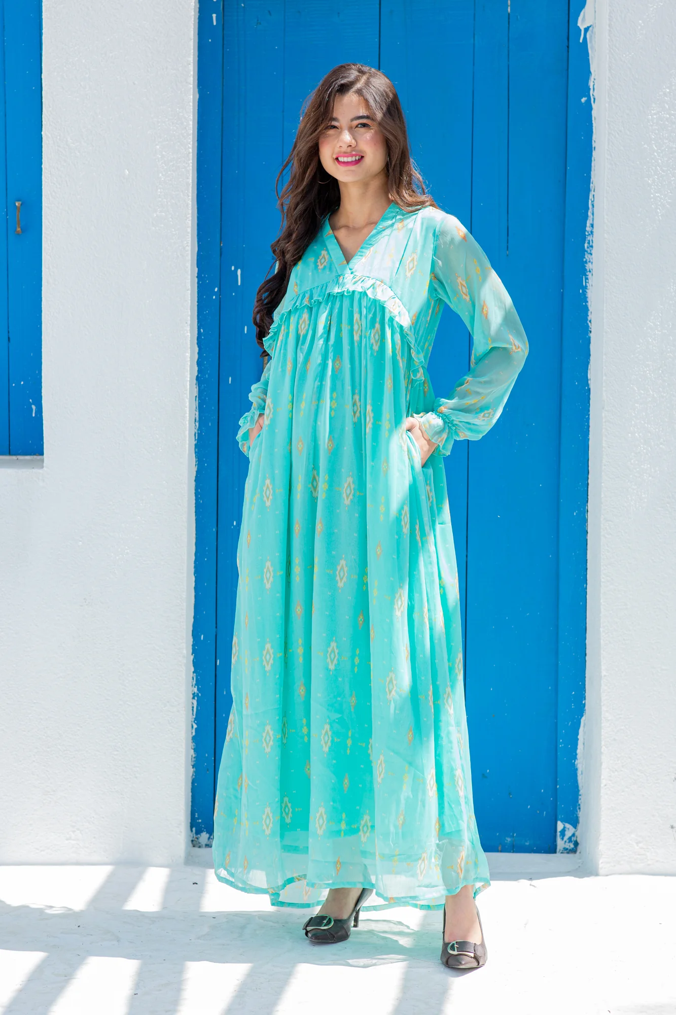 Peacock Blue Maternity Frill Pocket Dress - Chenance