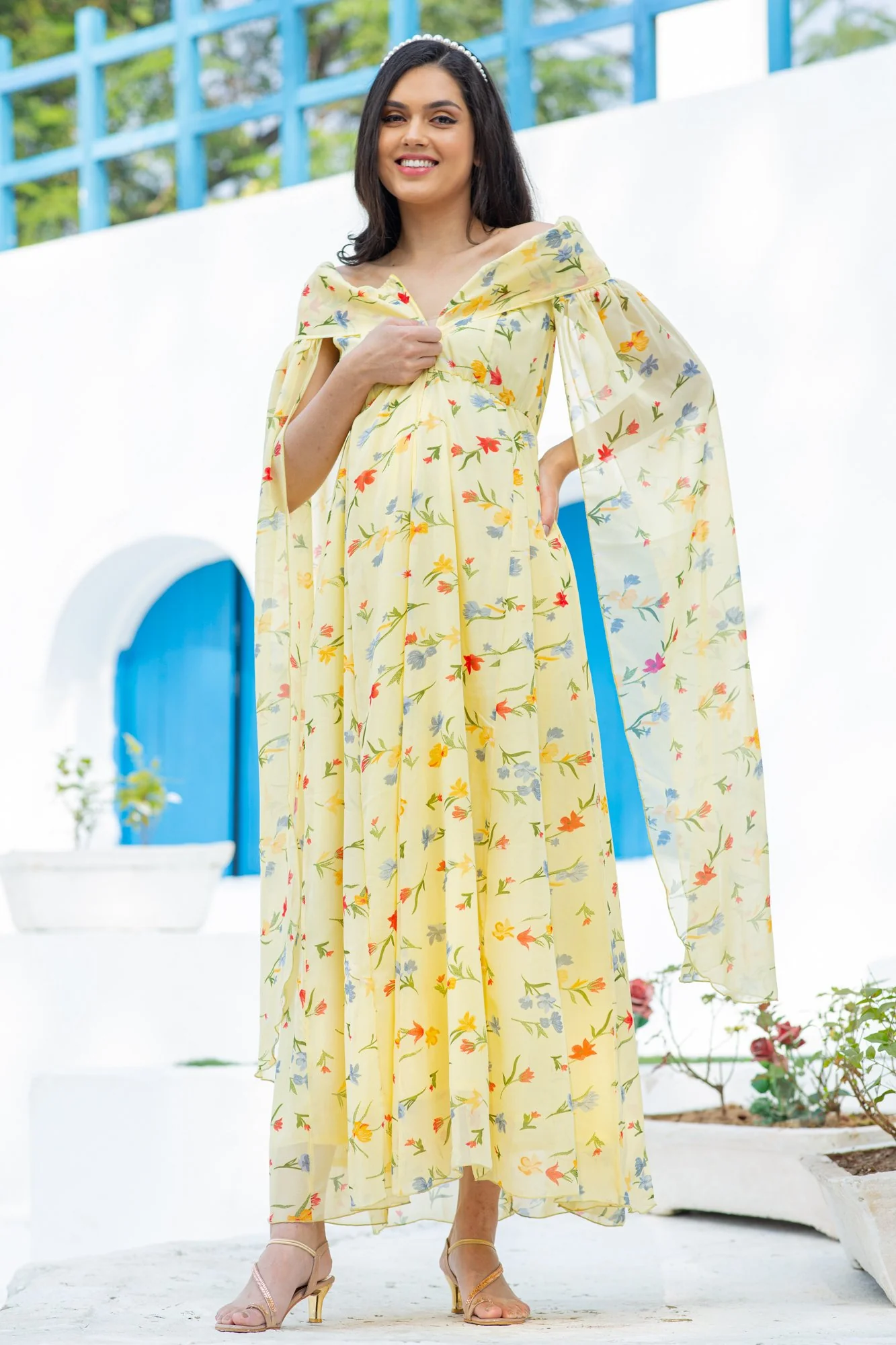 Luxe Pastel Yellow Flying Sleeves Maternity & Nursing Dress - Chenance