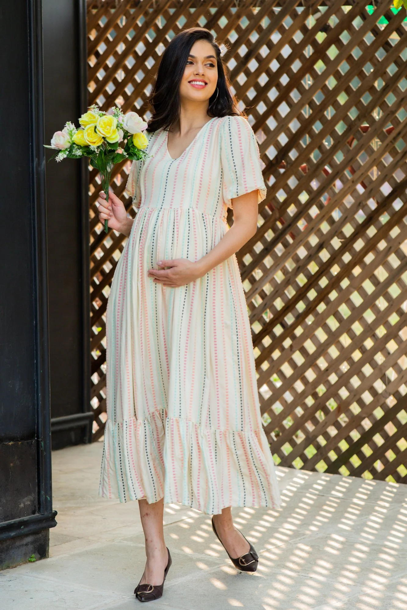 Off White Salmon Striped Long Maternity & Nursing Dress - Chenance