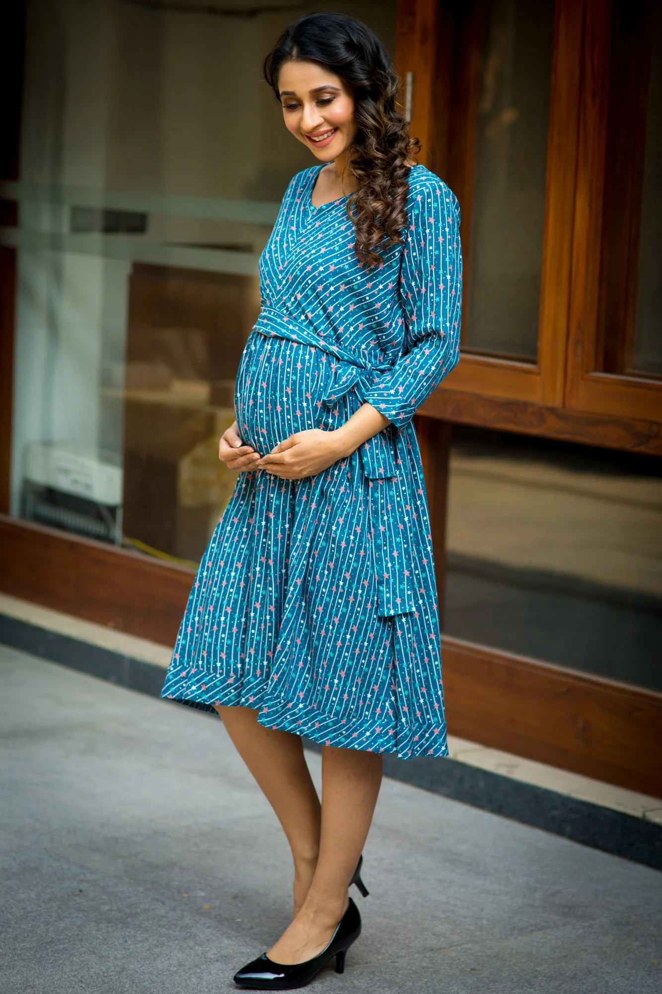 Starry Blue Striped Maternity & Nursing Front Zip Dress - Chenance